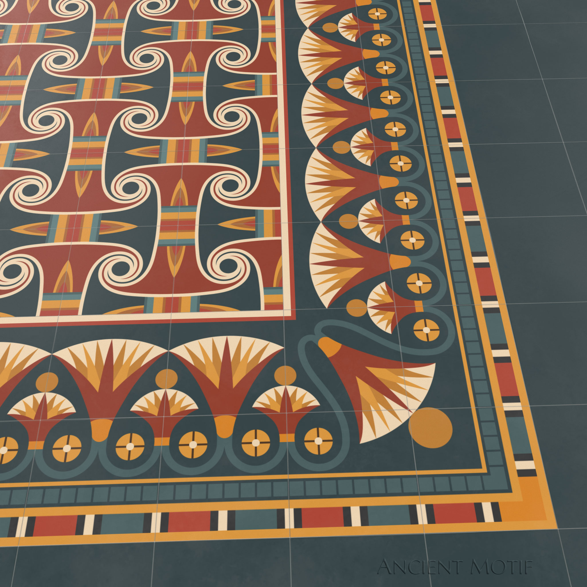 Zawty Cement Tile Floor with Luxor Border in Crimson, Deep Sea and Gold