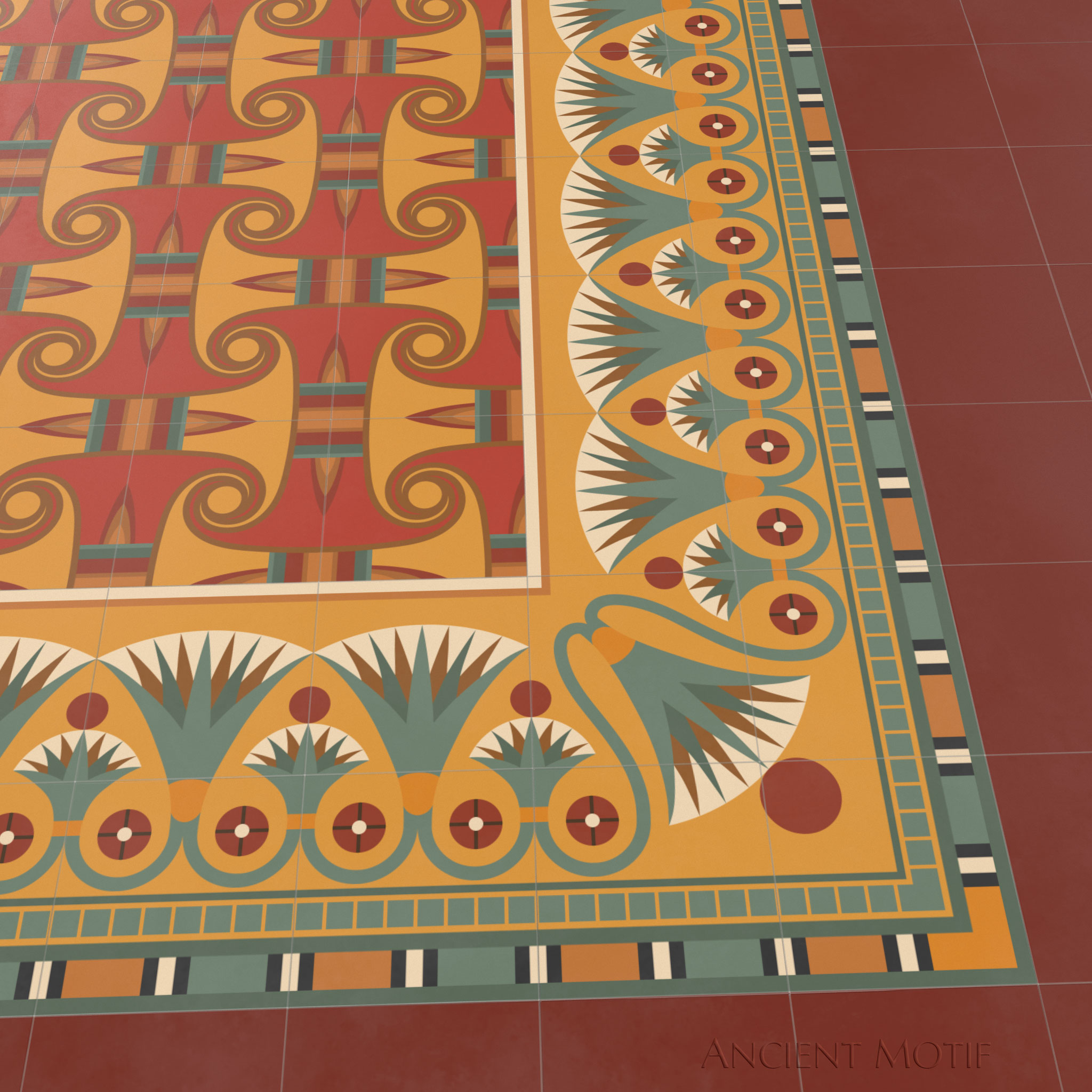 Zawty Cement Tile Floor with Luxor Border in Sunrise, Jasper and Bronze