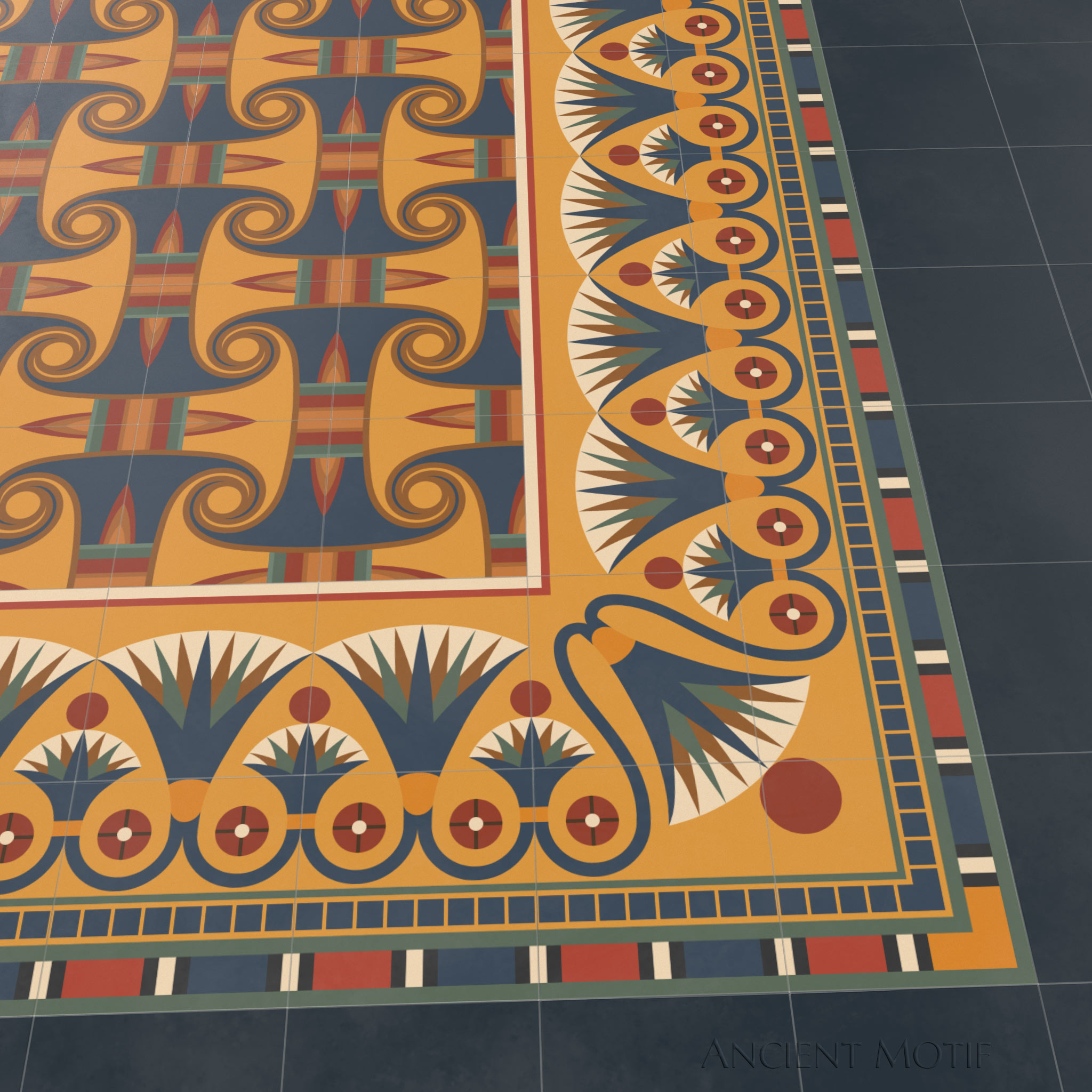 Zawty Cement Tile Floor with Luxor Border in Sunrise, Midnight and Jasper