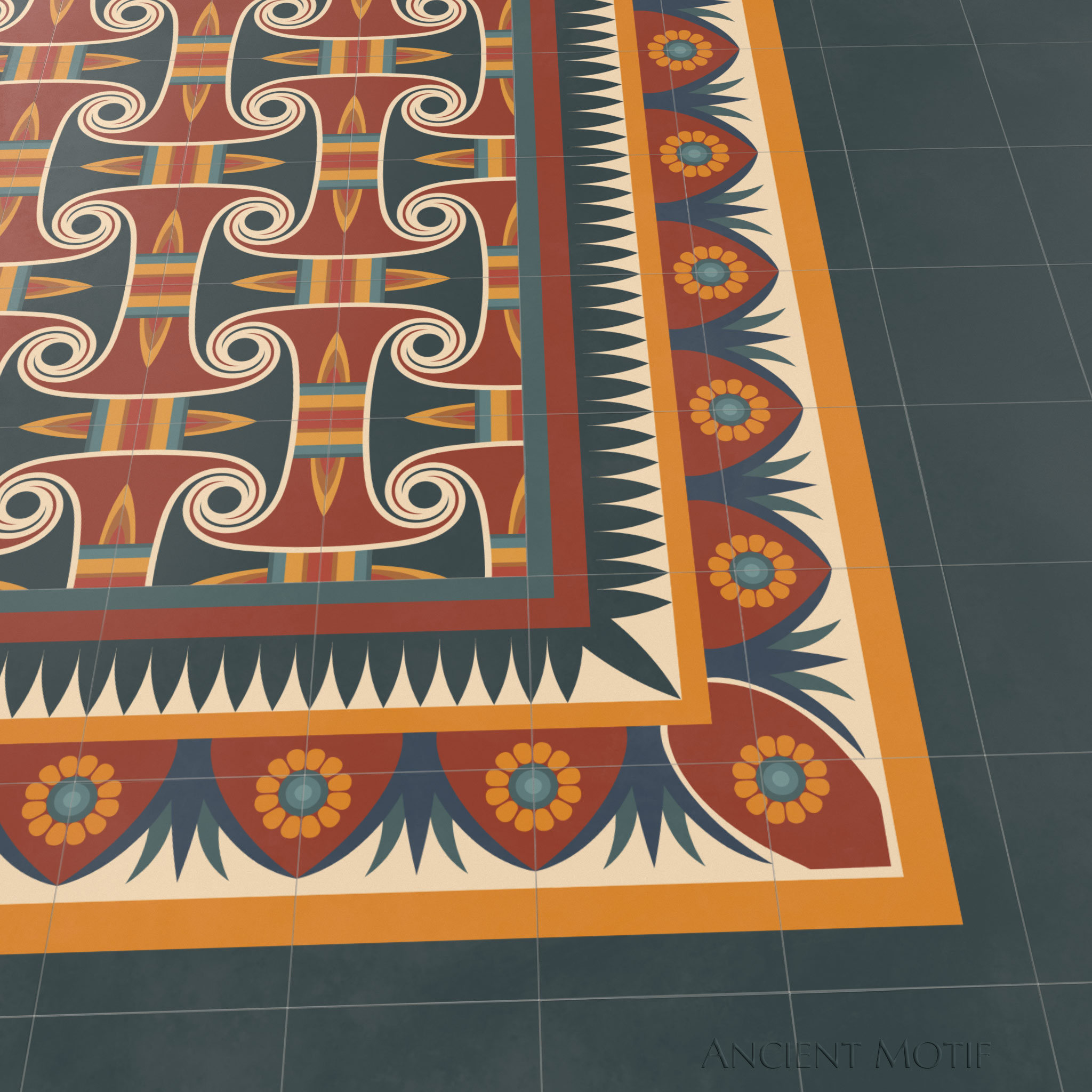 Zawty Cement Tile Floor with Edfu Border in Crimson, Deep Sea and Gold
