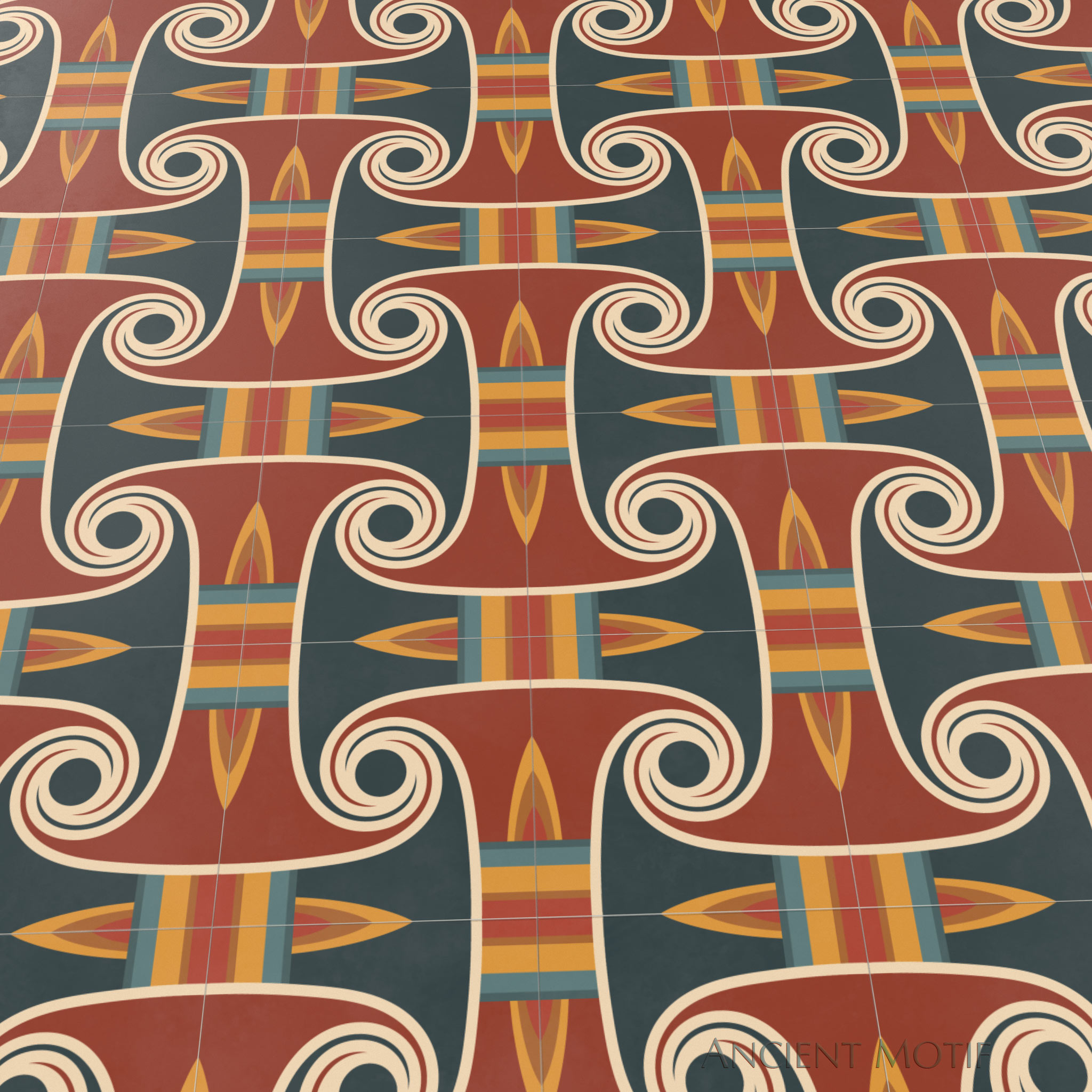 Zawty Cement Tile Floor with Edfu Border in Crimson, Deep Sea and Gold