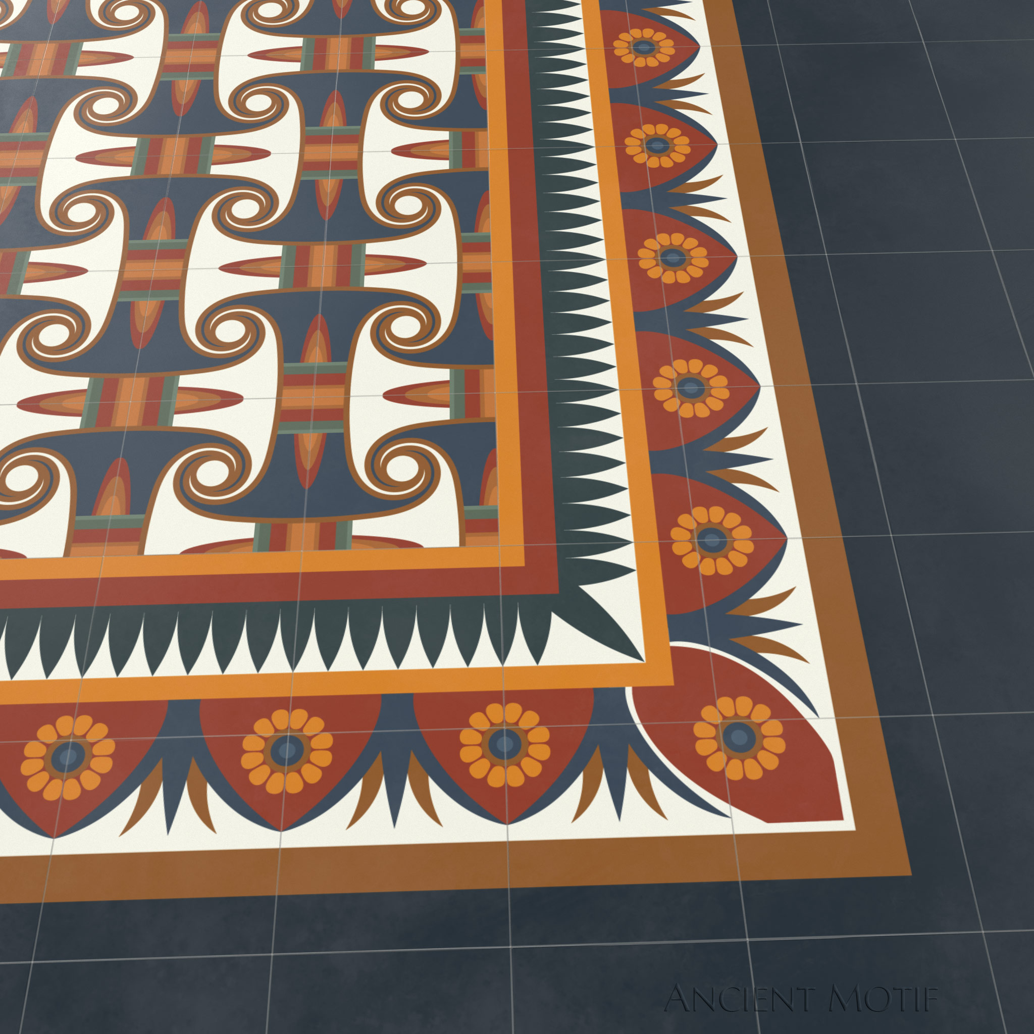 Zawty Cement Tile Floor with Edfu Border in Ivory, Midnight and Bronze