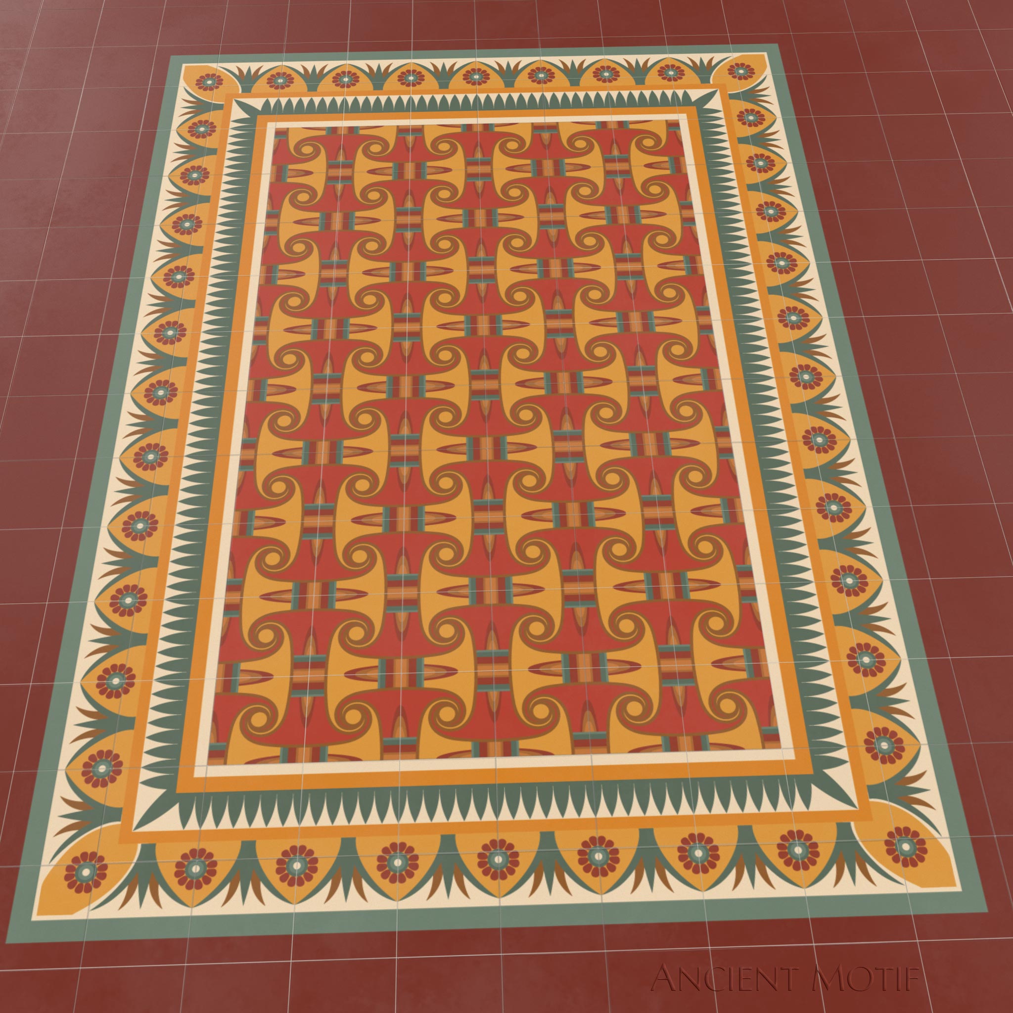 Zawty Cement Tile Floor with Edfu Border in Sunrise, Jasper and Bronze