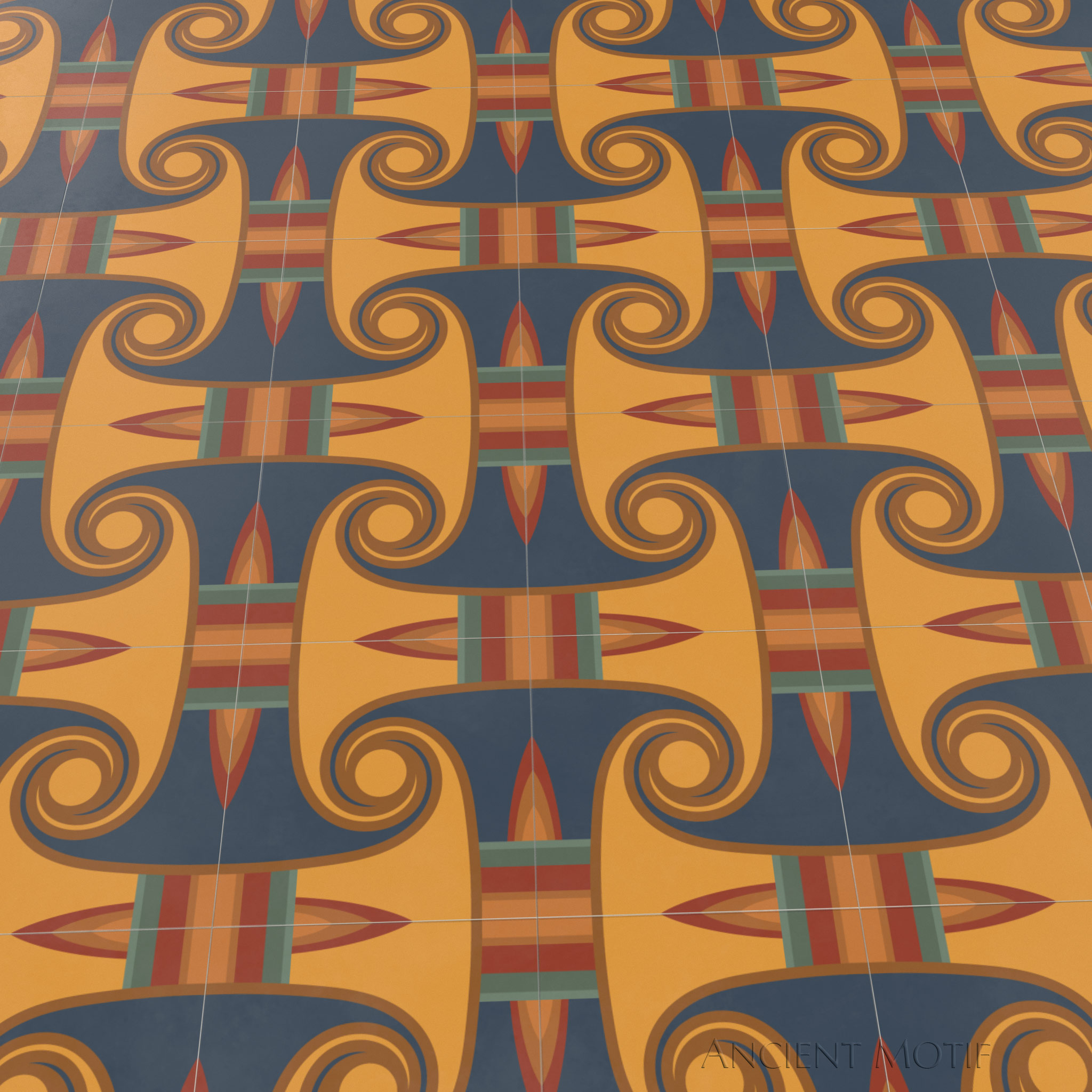 Zawty Cement Tile Floor with Edfu Border in Sunrise, Midnight and Jasper