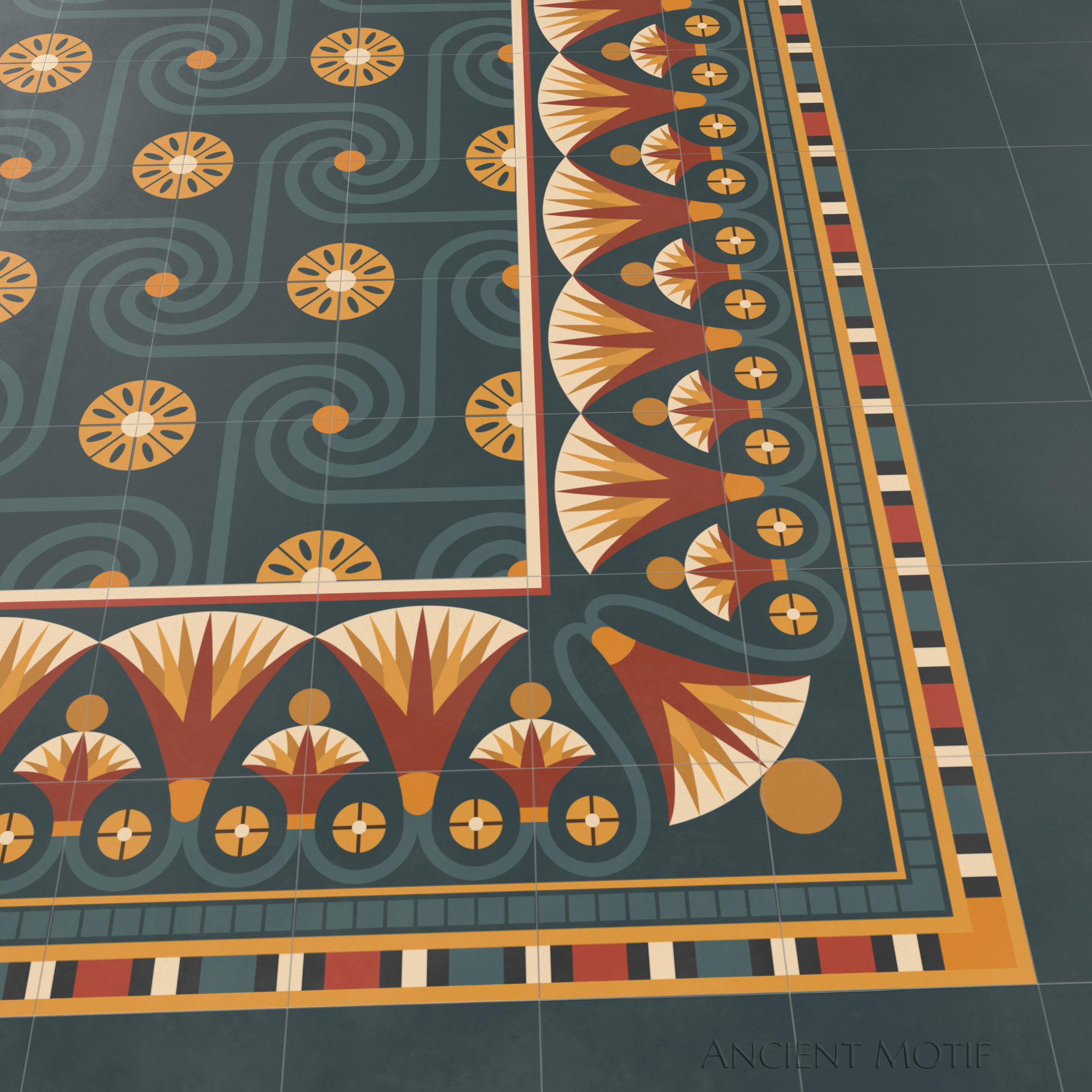 Khalid Cement Tile Floor with Luxor Border in Crimson, Deep Sea and Gold