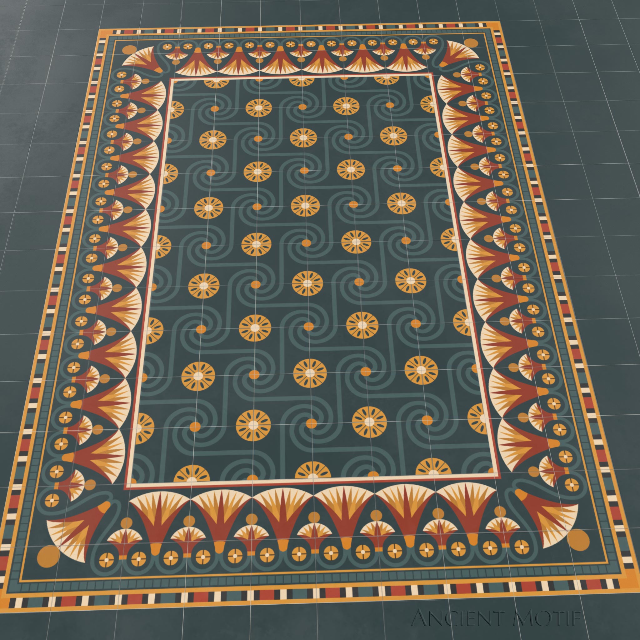 Khalid Cement Tile Floor with Luxor Border in Crimson, Deep Sea and Gold