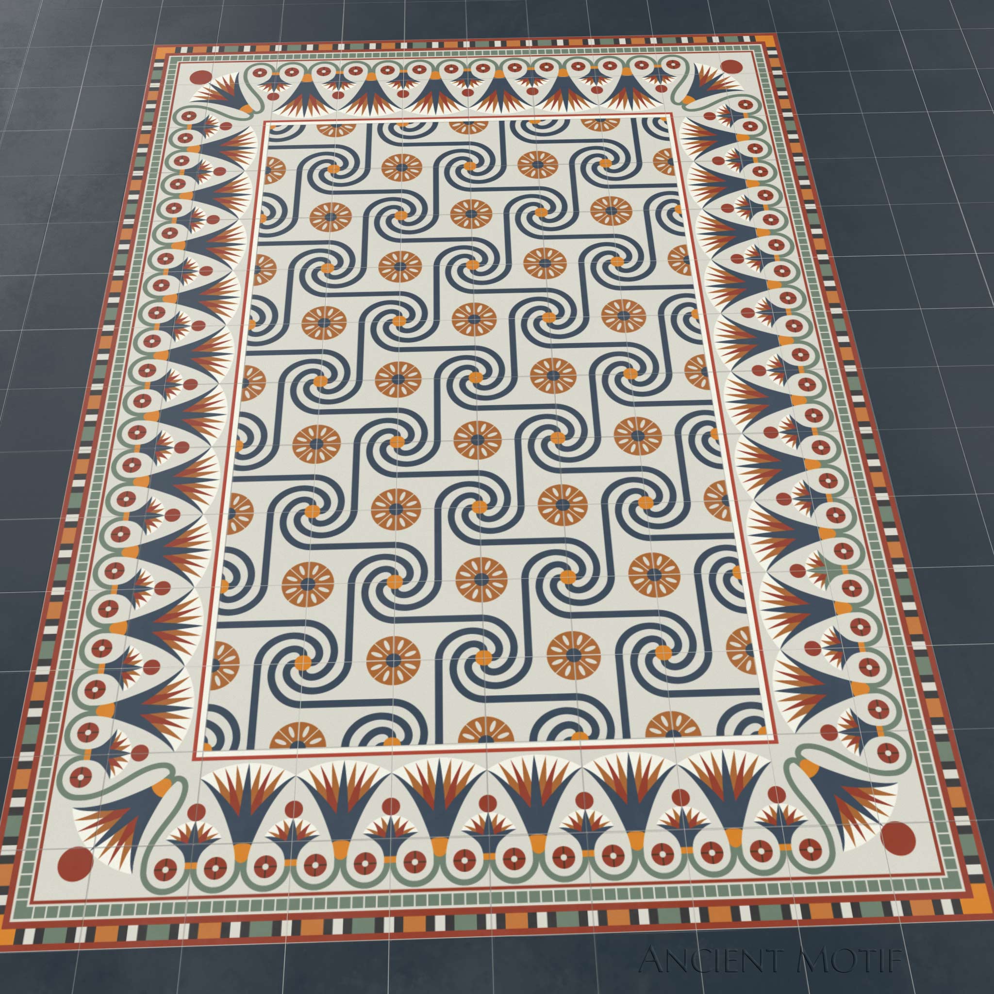 Khalid Cement Tile Floor with Luxor Border in Ivory, Midnight and Bronze