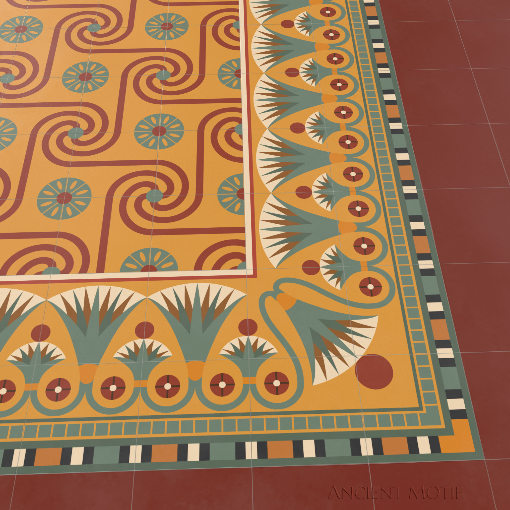 Khalid Cement Tile Floor with Luxor Border in Sunrise, Jasper and Bronze