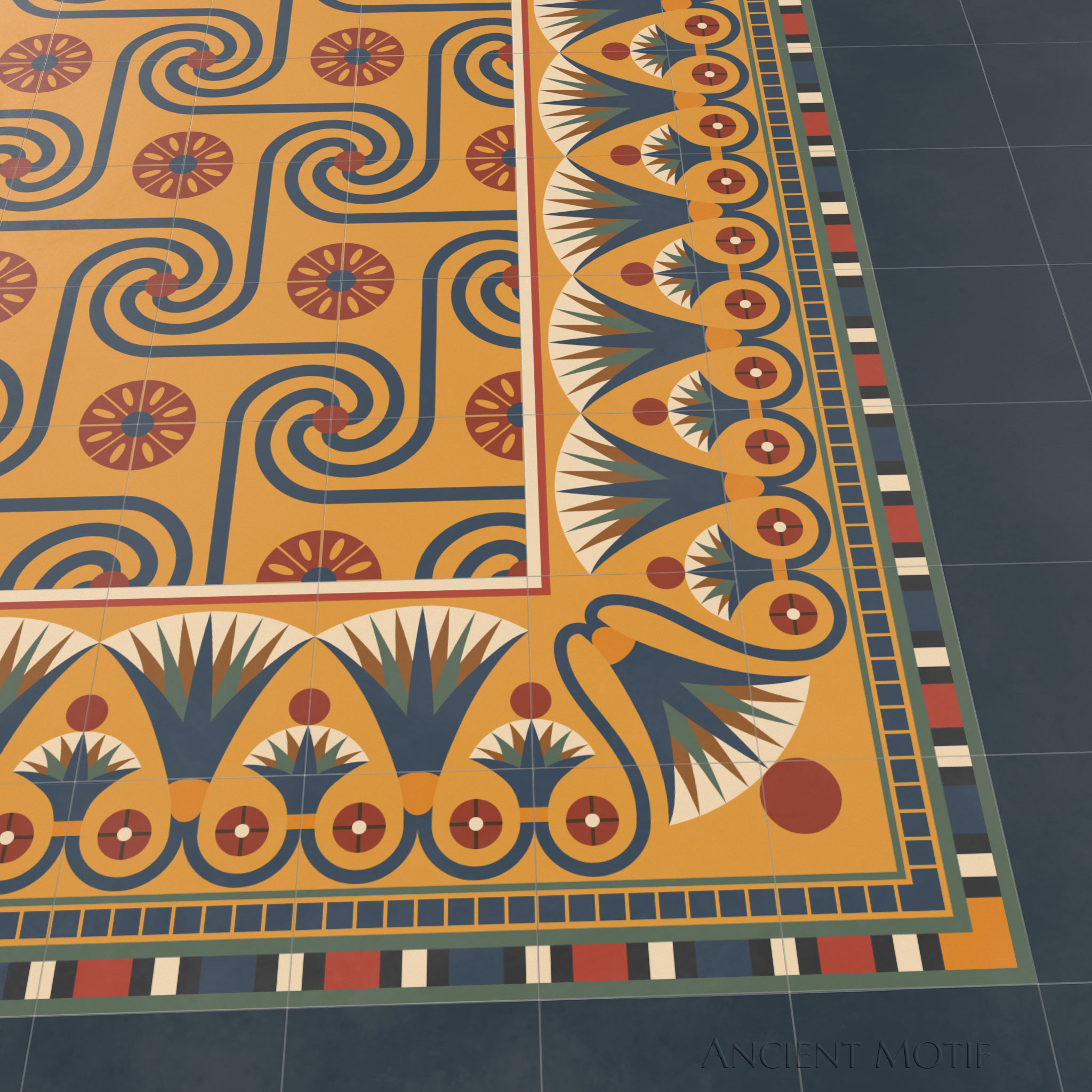 Khalid Cement Tile Floor with Luxor Border in Sunrise, Midnight and Jasper