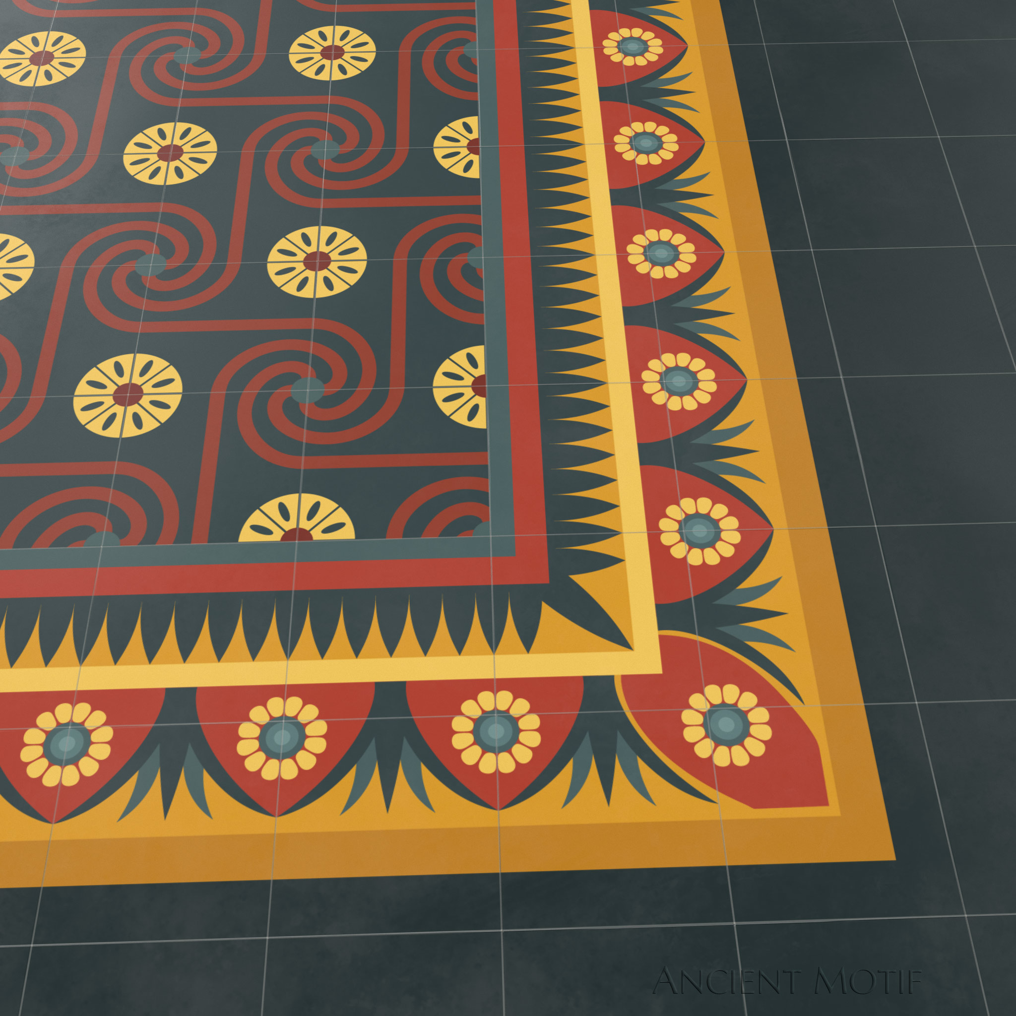 Khalid Cement Tile Floor with Edfu Border in Deep Sea, Crimson and Ivory