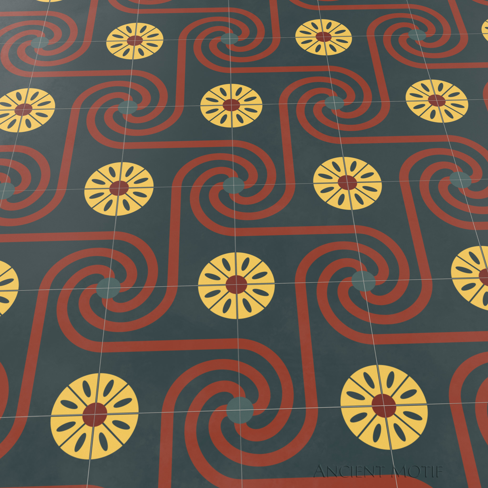 Khalid Cement Tile Floor with Edfu Border in Deep Sea, Crimson and Ivory