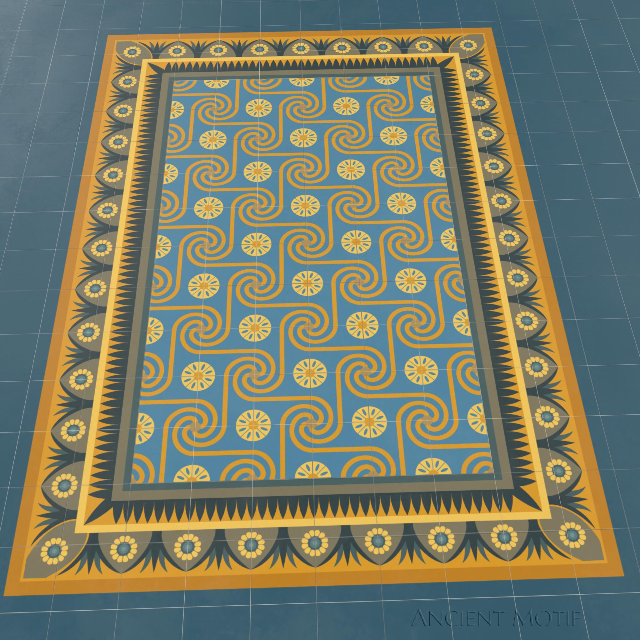Khalid Encaustic Tile Floor with Edfu Border in Lemon, Gold and Sky