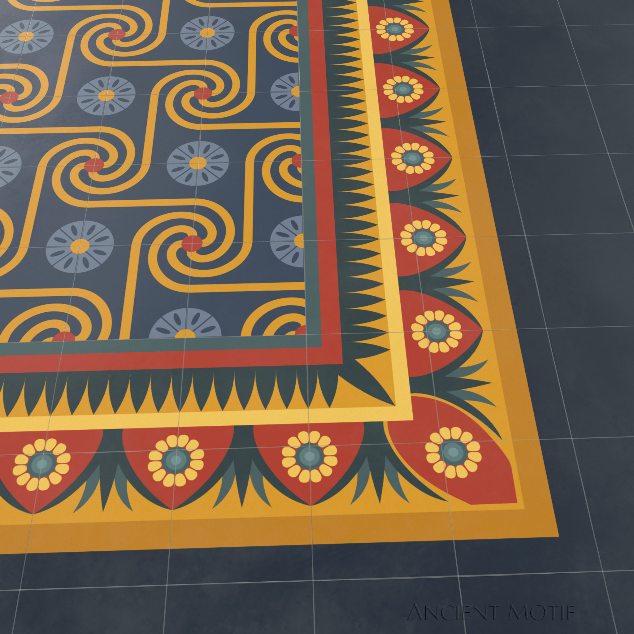 Khalid Encaustic Tile Floor with Edfu Border in Midnight, Gold and Crimson