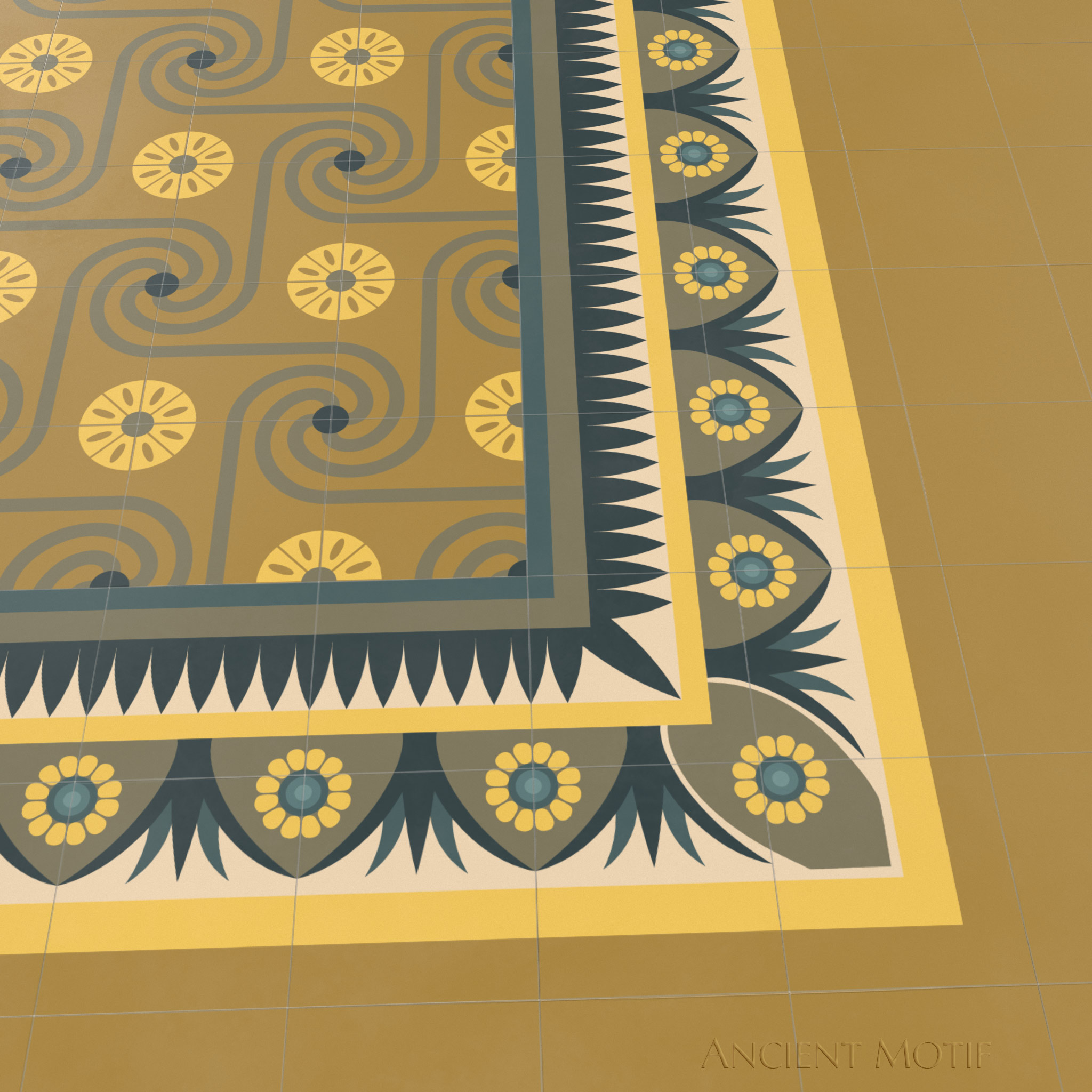 Khalid Encaustic Tile Floor with Edfu Border in Olive, Midnight and Lemon