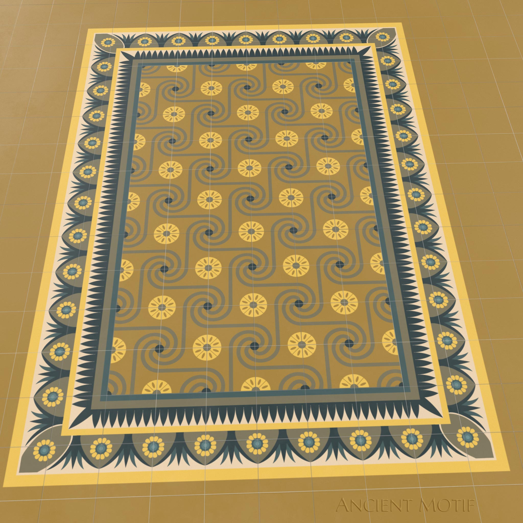Khalid Encaustic Tile Floor with Edfu Border in Olive, Midnight and Lemon
