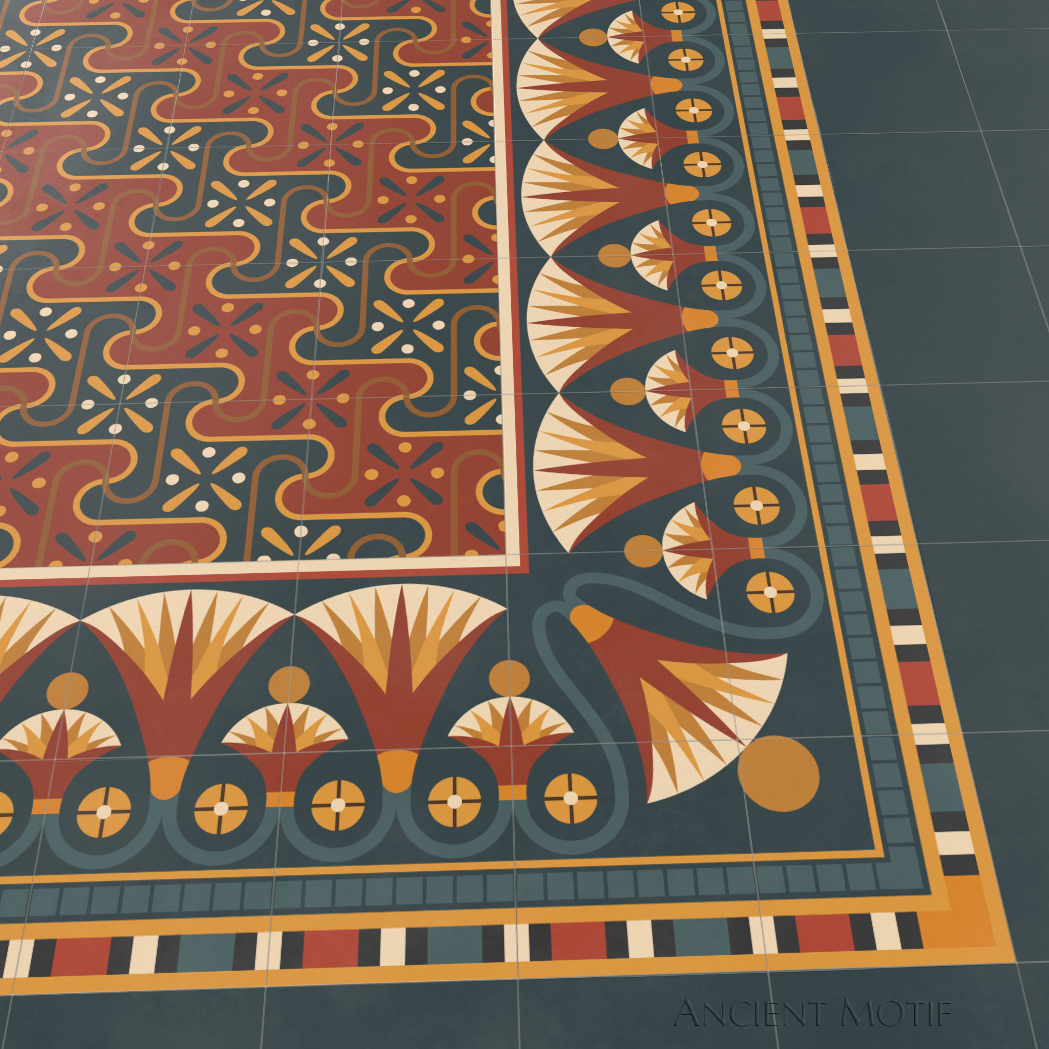Saqqarah Encaustic Tile Floor with Luxor Border in Crimson, Deep Sea and Gold
