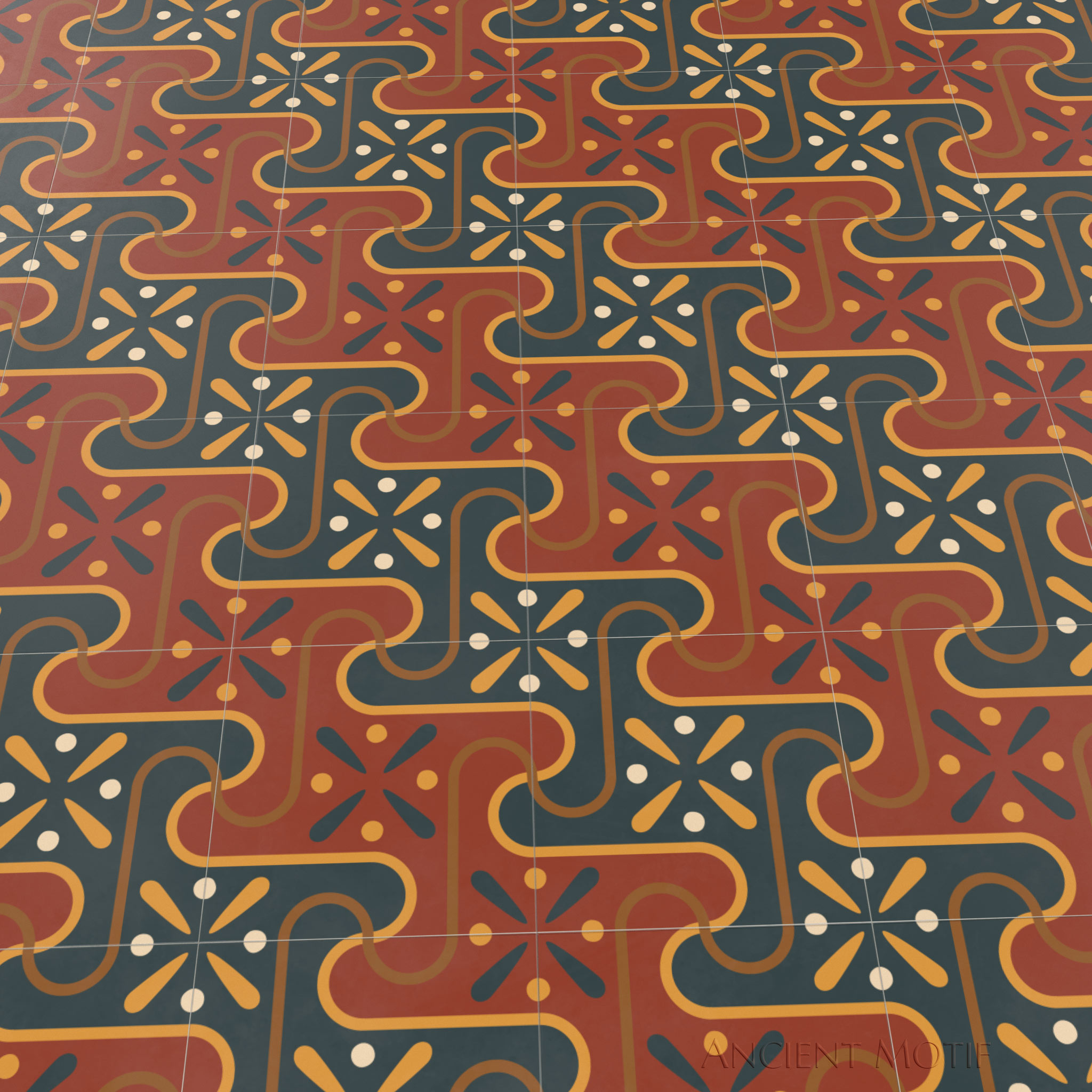 Saqqarah Encaustic Tile Floor with Luxor Border in Crimson, Deep Sea and Gold