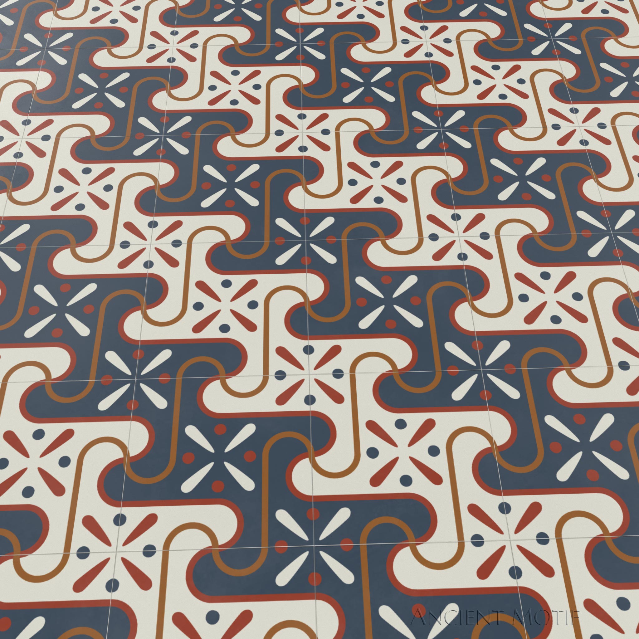 Saqqarah Encaustic Tile Floor with Luxor Border in Ivory, Midnight and Bronze