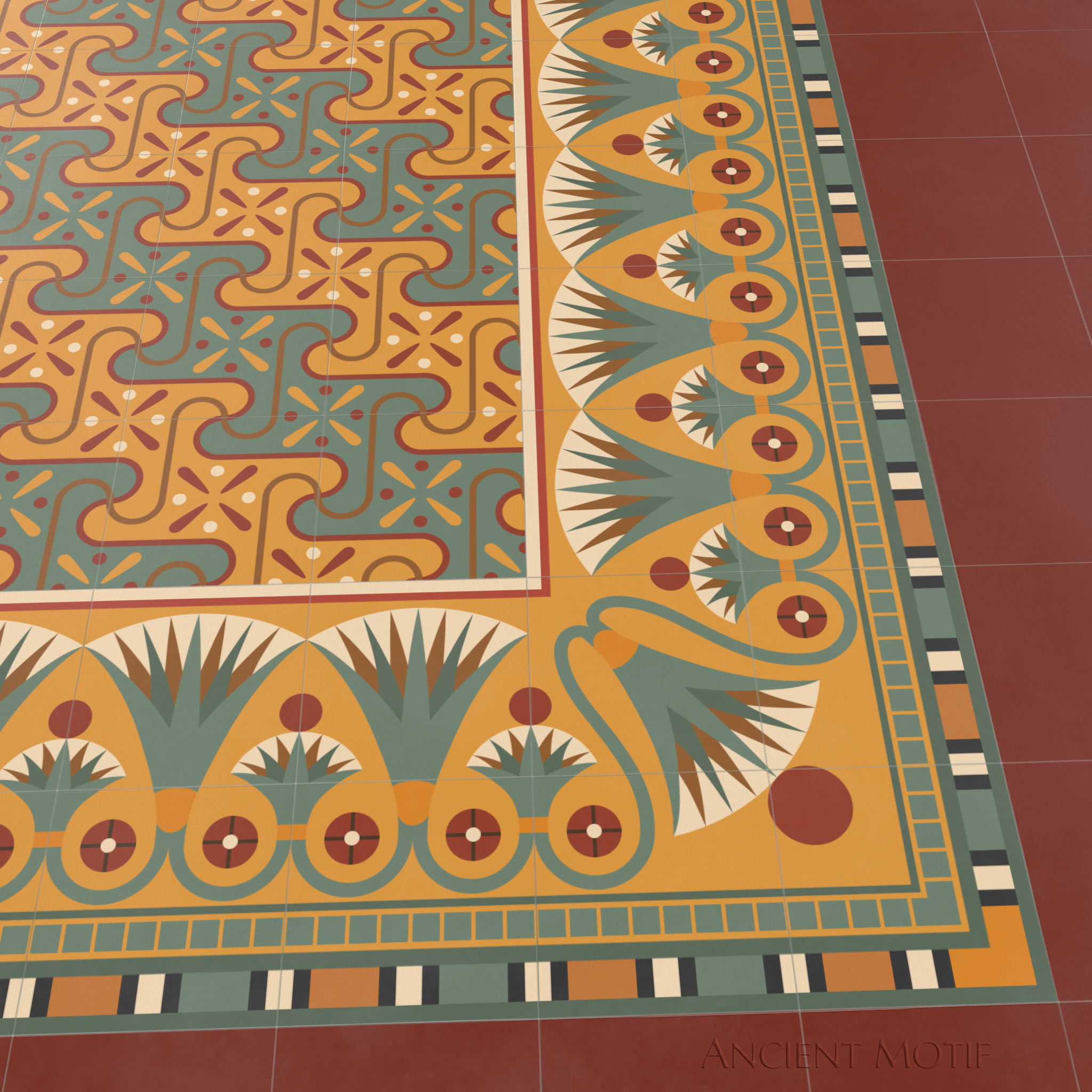 Saqqarah Encaustic Tile Floor with Luxor Border in Sunrise, Jasper and Bronze
