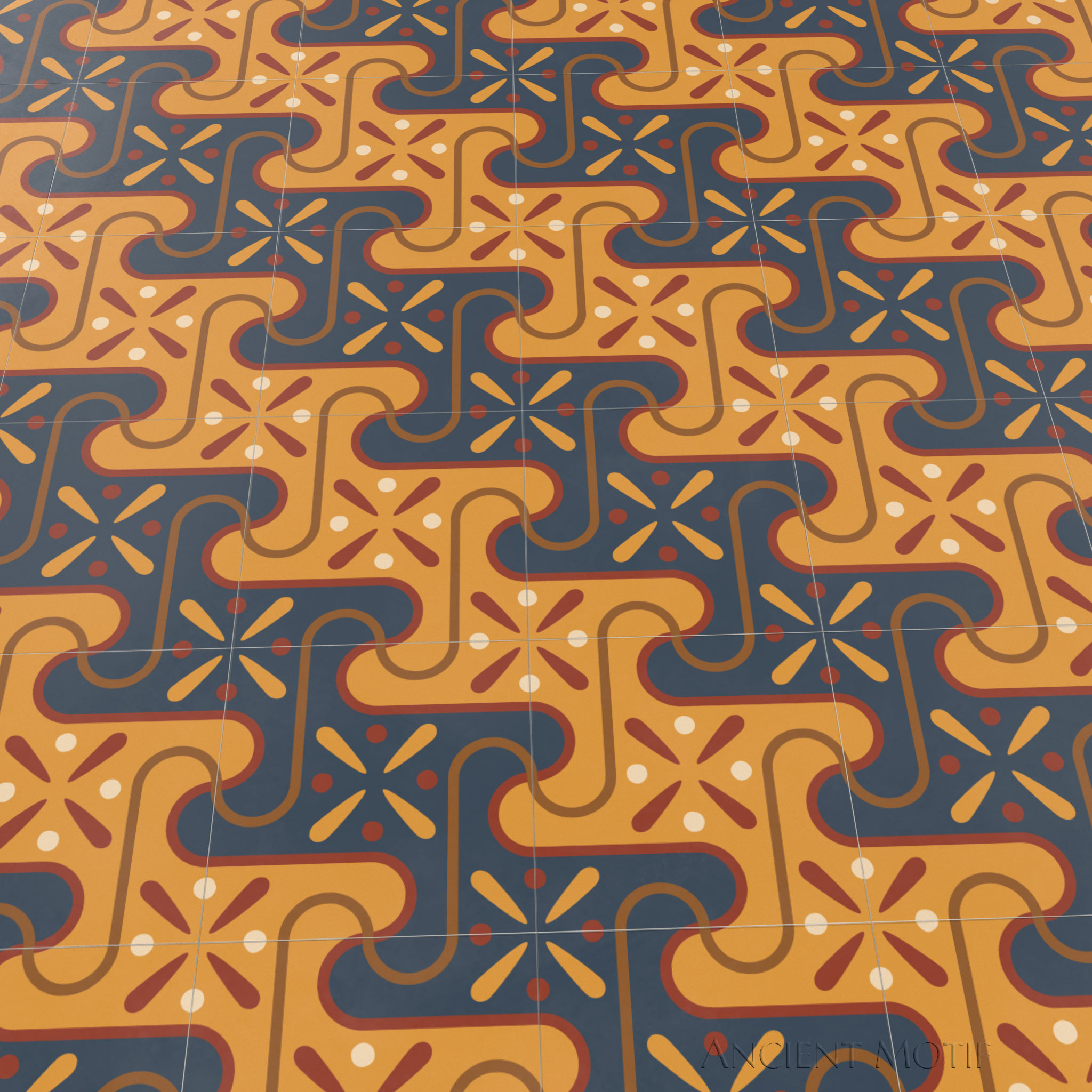 Saqqarah Encaustic Tile Floor with Luxor Border in Sunrise, Midnight and Jasper