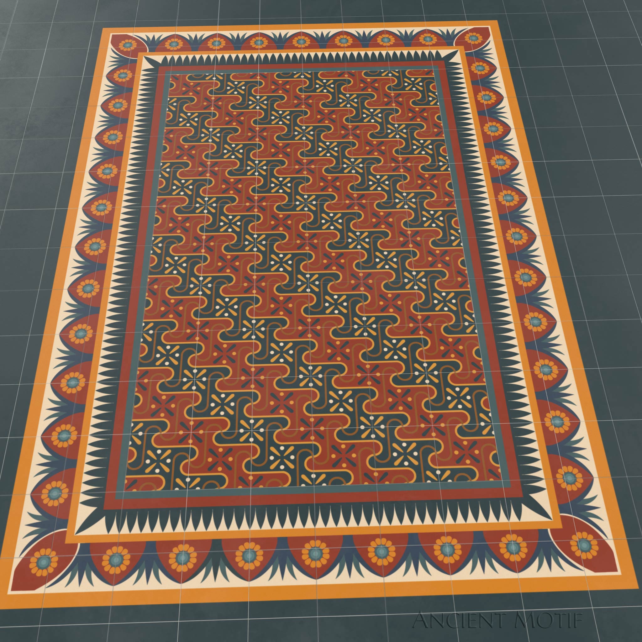 Saqqarah Encaustic Tile Floor with Edfu Border in Crimson, Deep Sea and Gold