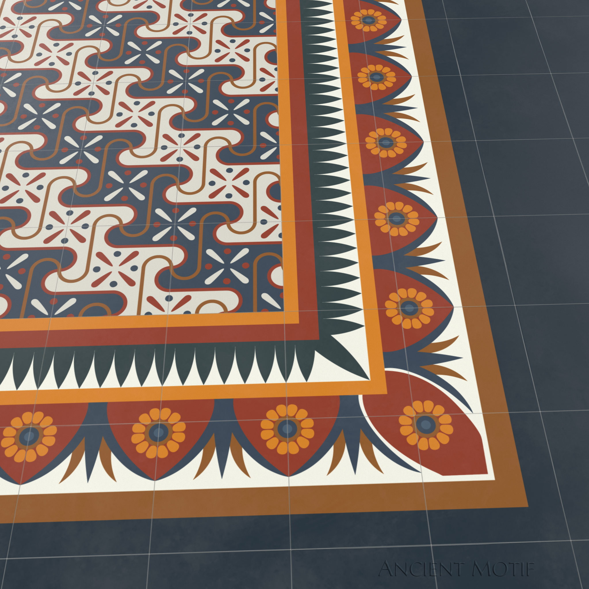 Saqqarah Encaustic Tile Floor with Edfu Border in Ivory, Midnight and Bronze