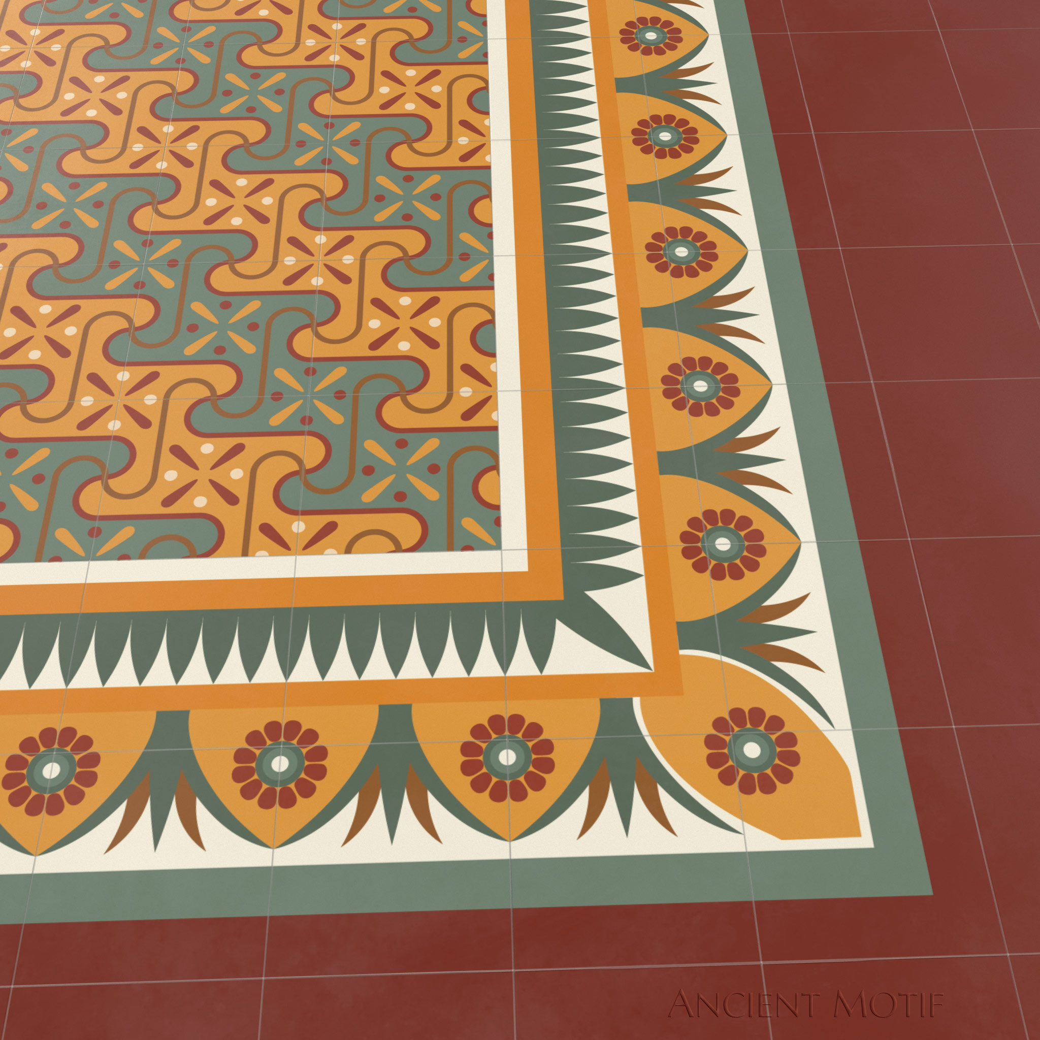 Saqqarah Encaustic Tile Floor with Edfu Border in Sunrise, Jasper and Bronze