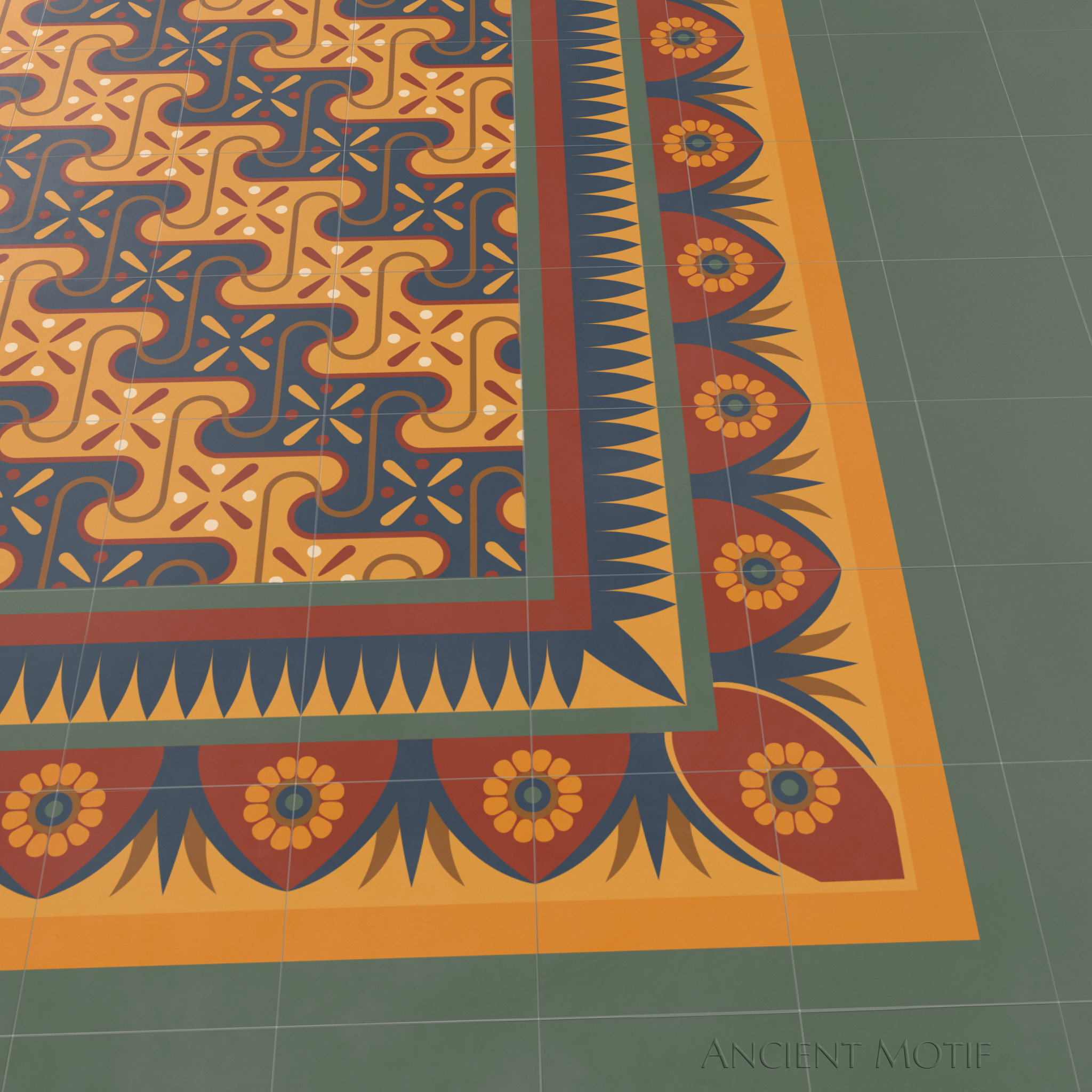 Saqqarah Encaustic Tile Floor with Edfu Border in Sunrise, Midnight and Jasper