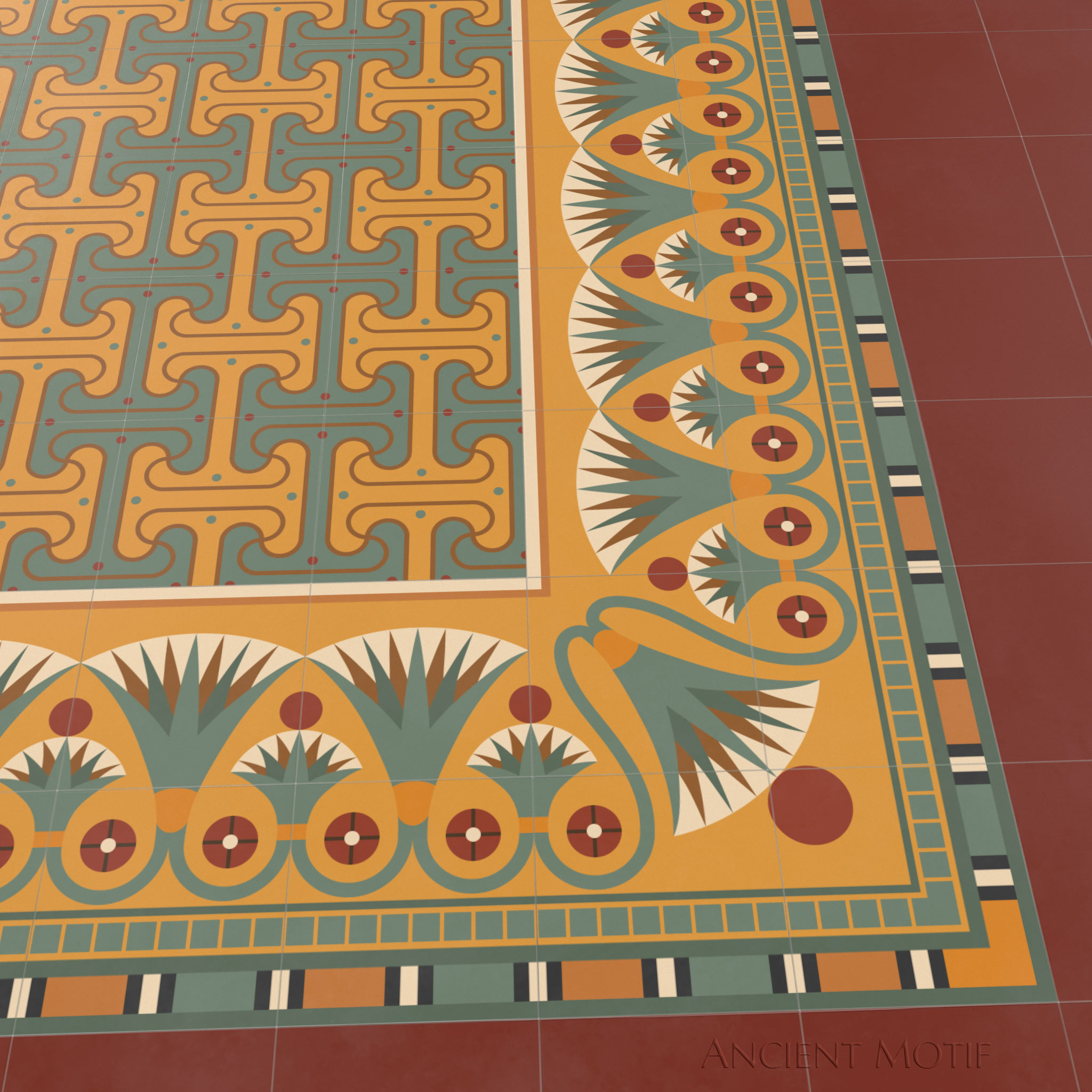 Djerty Encaustic Tile Floor with Luxor Border in Sunrise, Jasper and Bronze