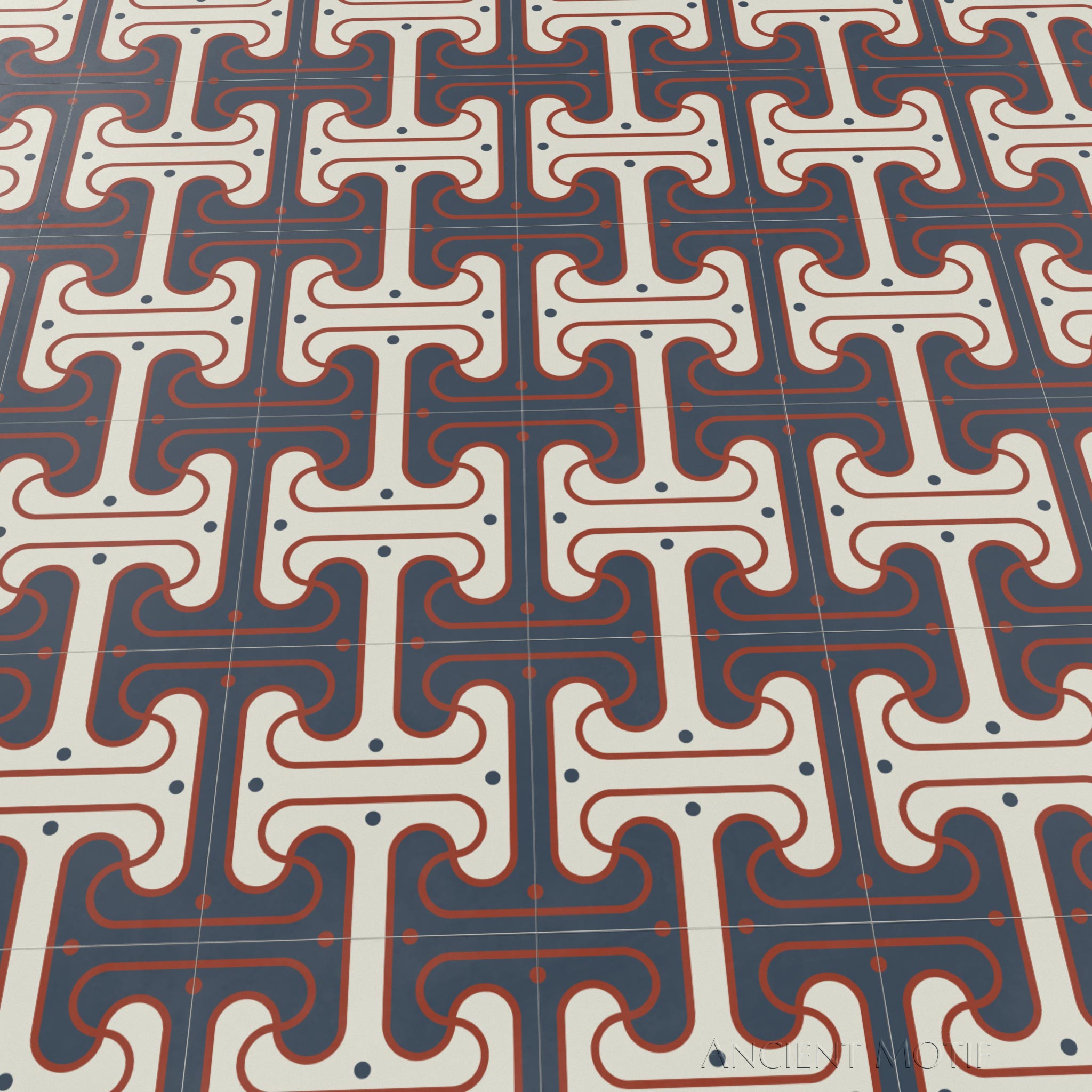 Djerty Encaustic Cement Tile Floor in Ivory, Midnight and Bronze