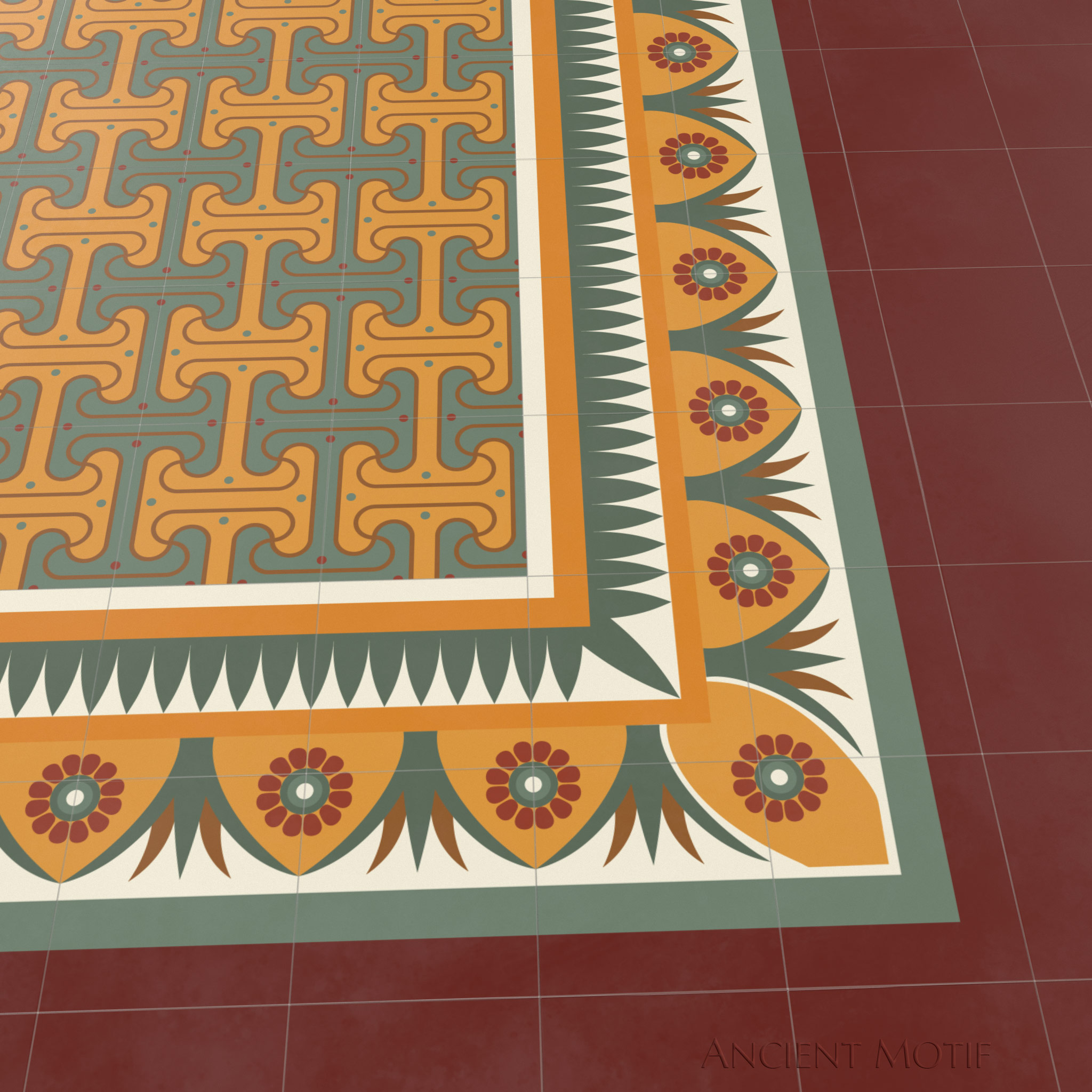 Djerty Encaustic Cement Tile Floor in Sunrise, Jasper and Bronze