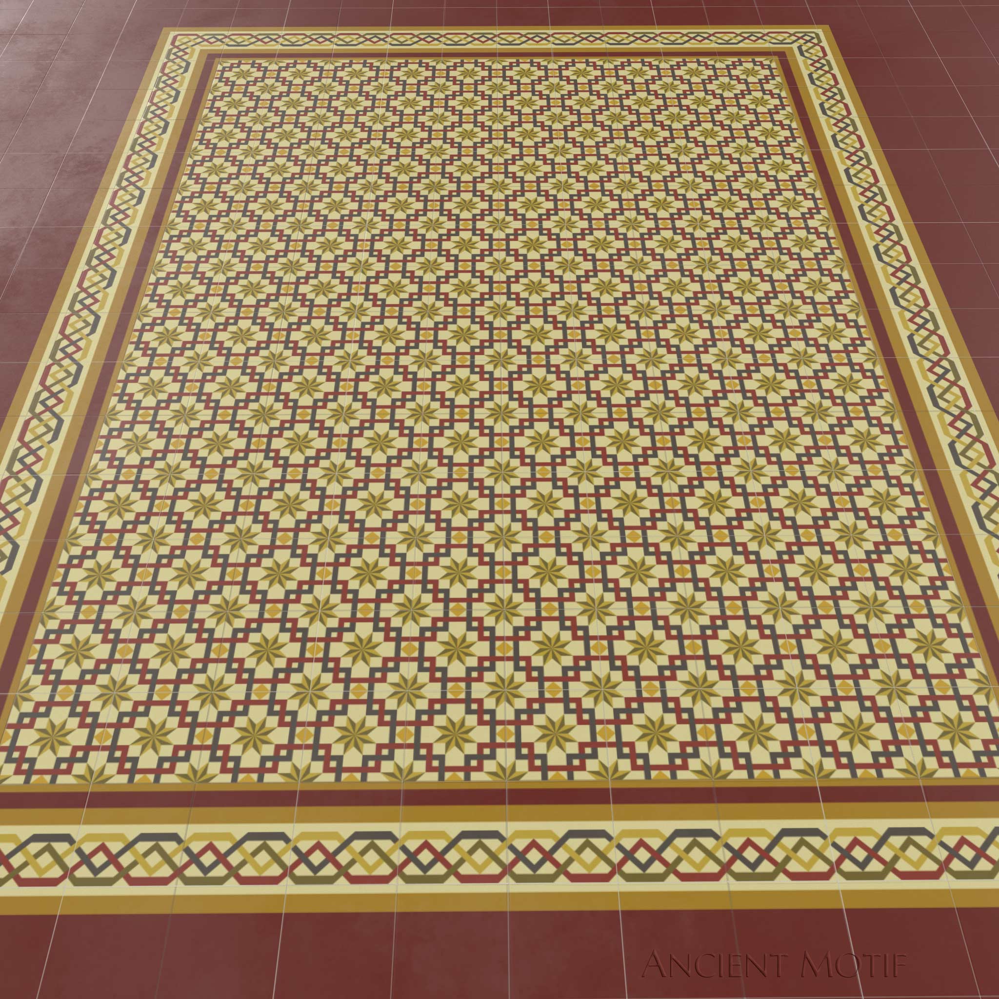 Andalusia Encaustic Cement Tile Floor in Burgundy, Goldenrod and Olive