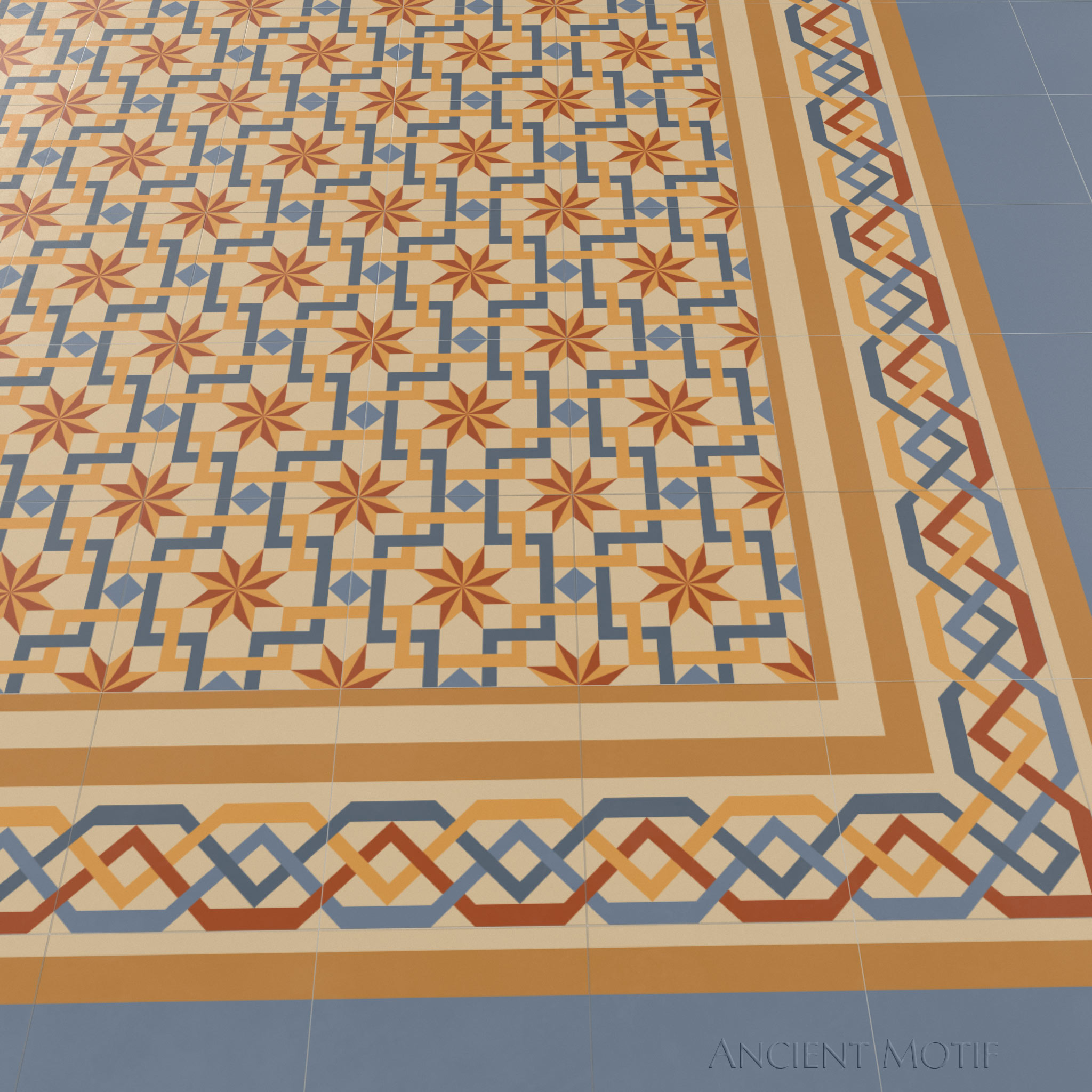 Andalusia Encasutic Cement Tile in Cornflower, Ginger and Apricot