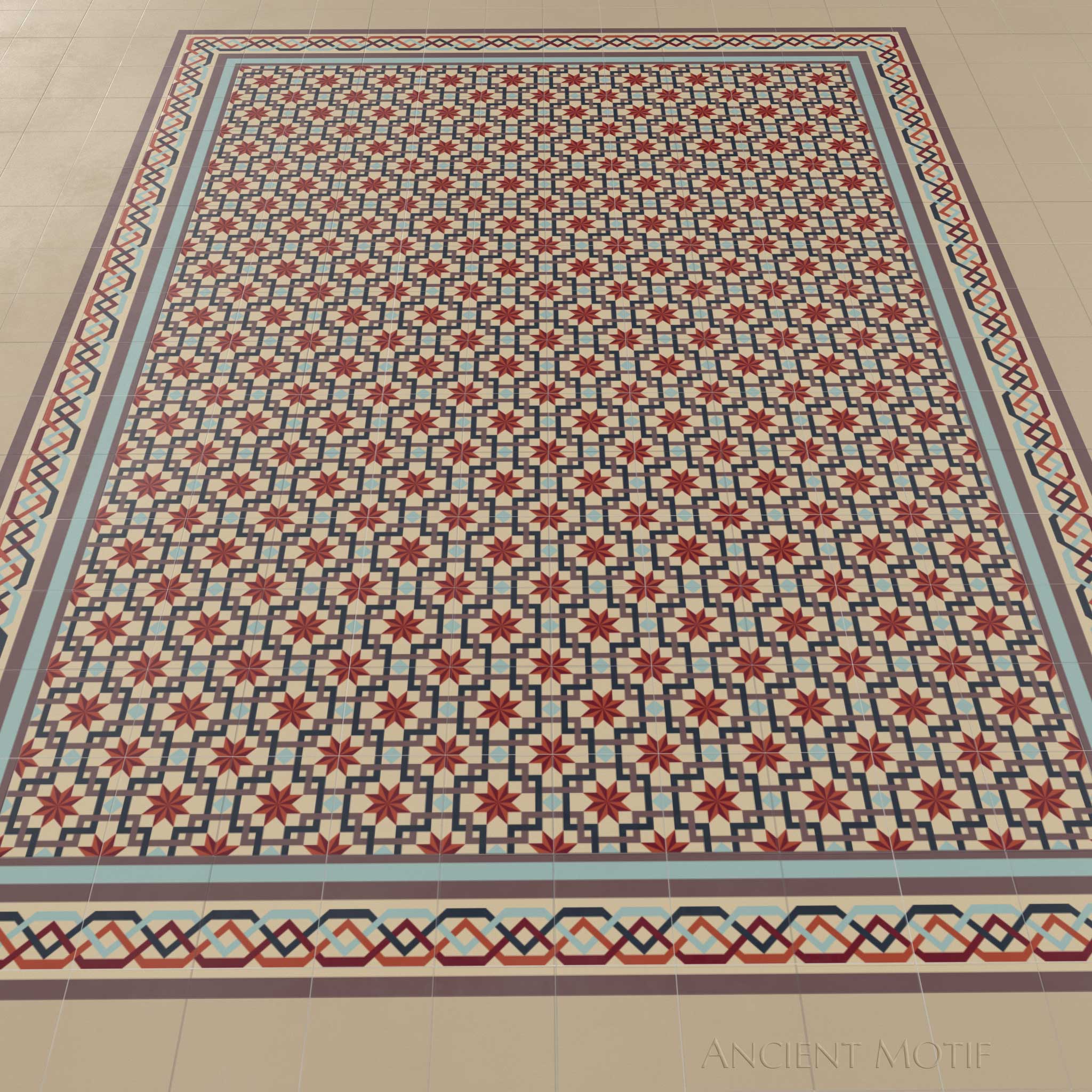Andalusia Encaustic Cement Tile Floor in Latte, Cinamon and Peacock
