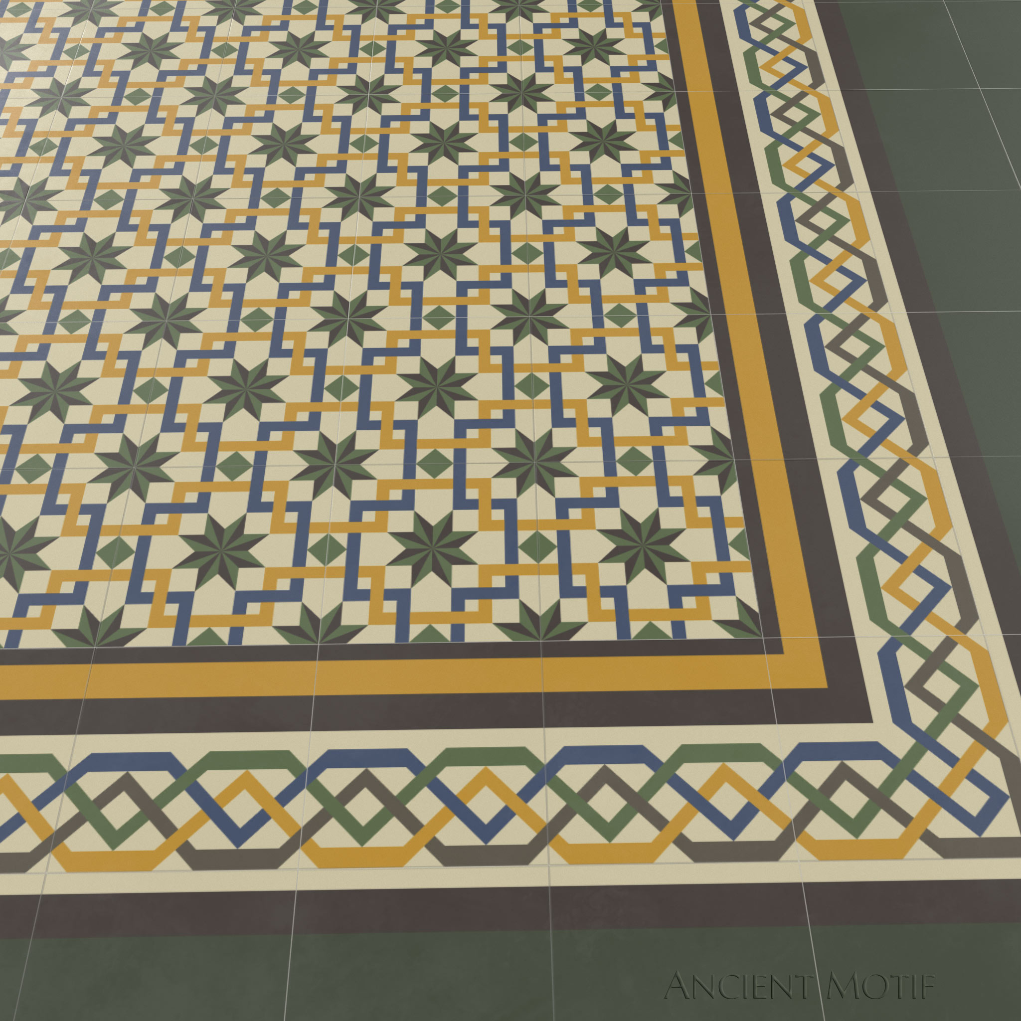 Andalusia Encaustic Cement Tile Floor in Moss, Goldenrod and Chocolate