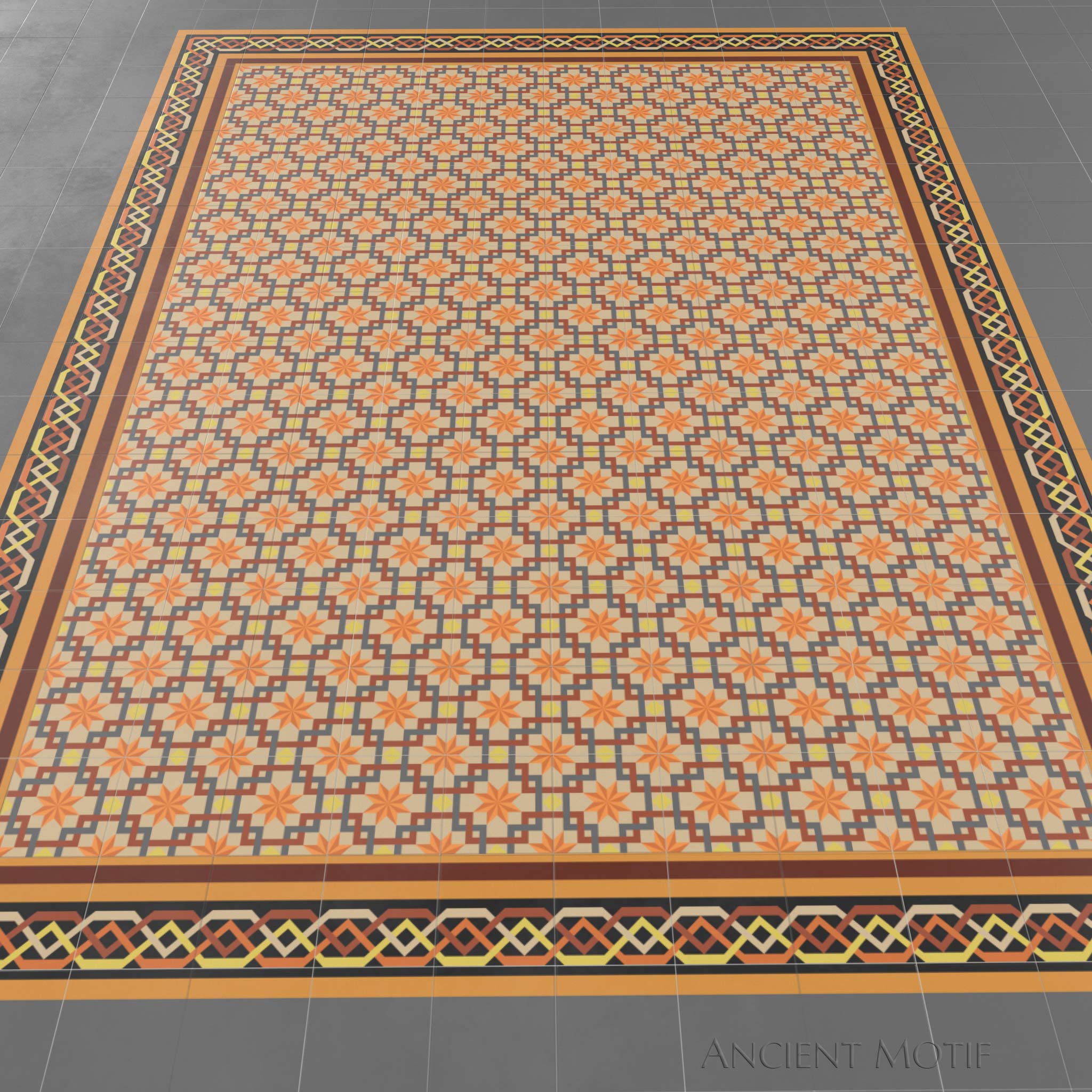 Andalusia Encaustic Cement Tile Floor in Tangerine, Slate and Chocolate