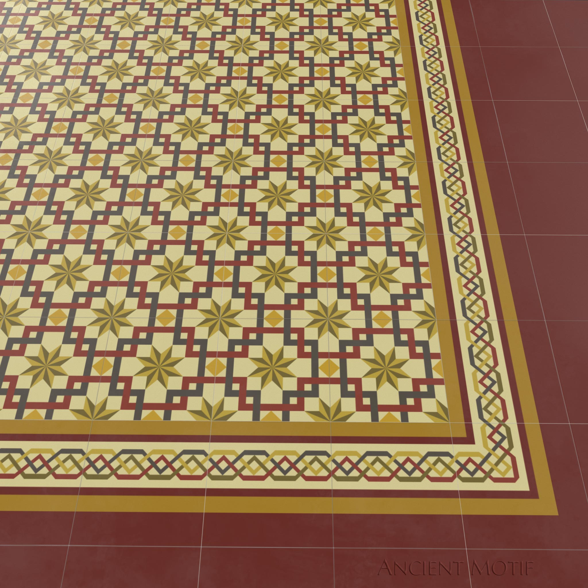 Andalusia Encaustic Cement Tile Floor in Burgundy, Goldenrod and Olive