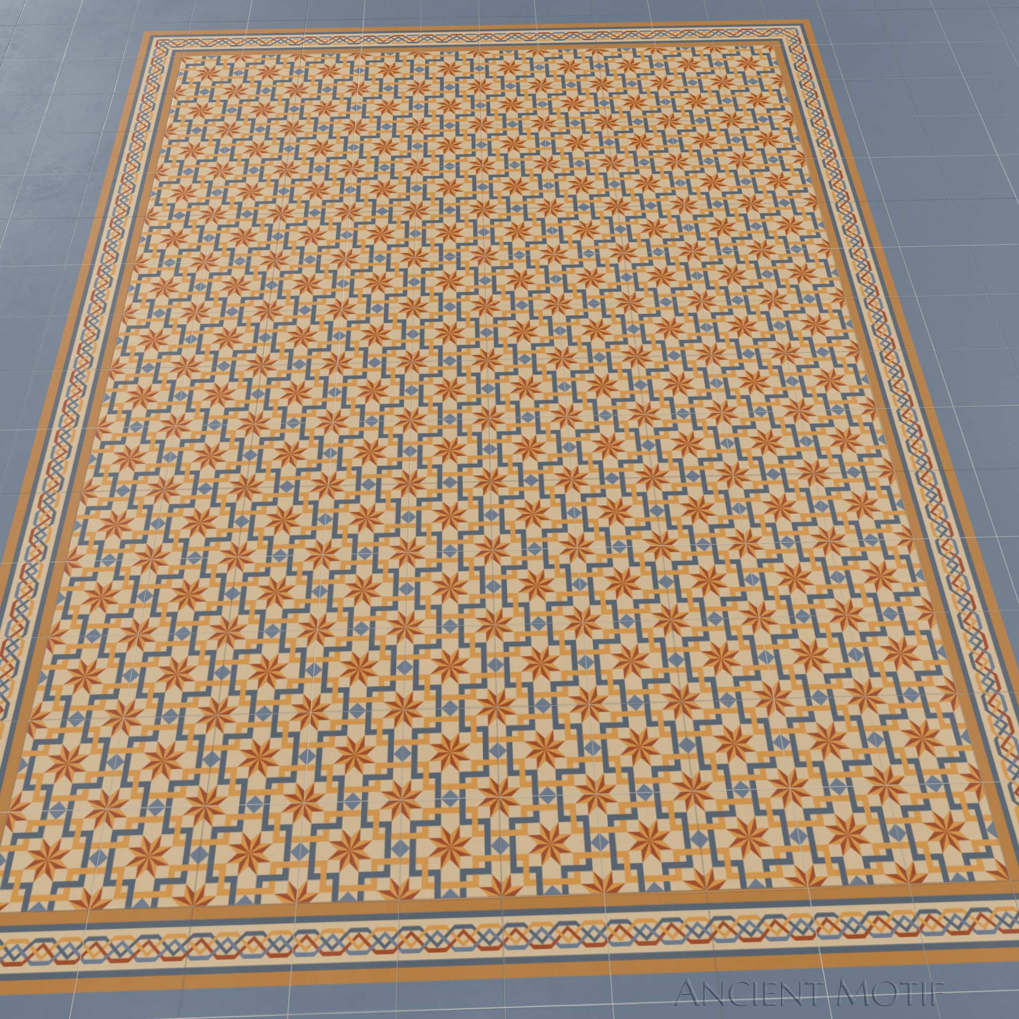 Andalusia Encaustic Cement Tile Floor in Cornflower, Ginger and Apricot