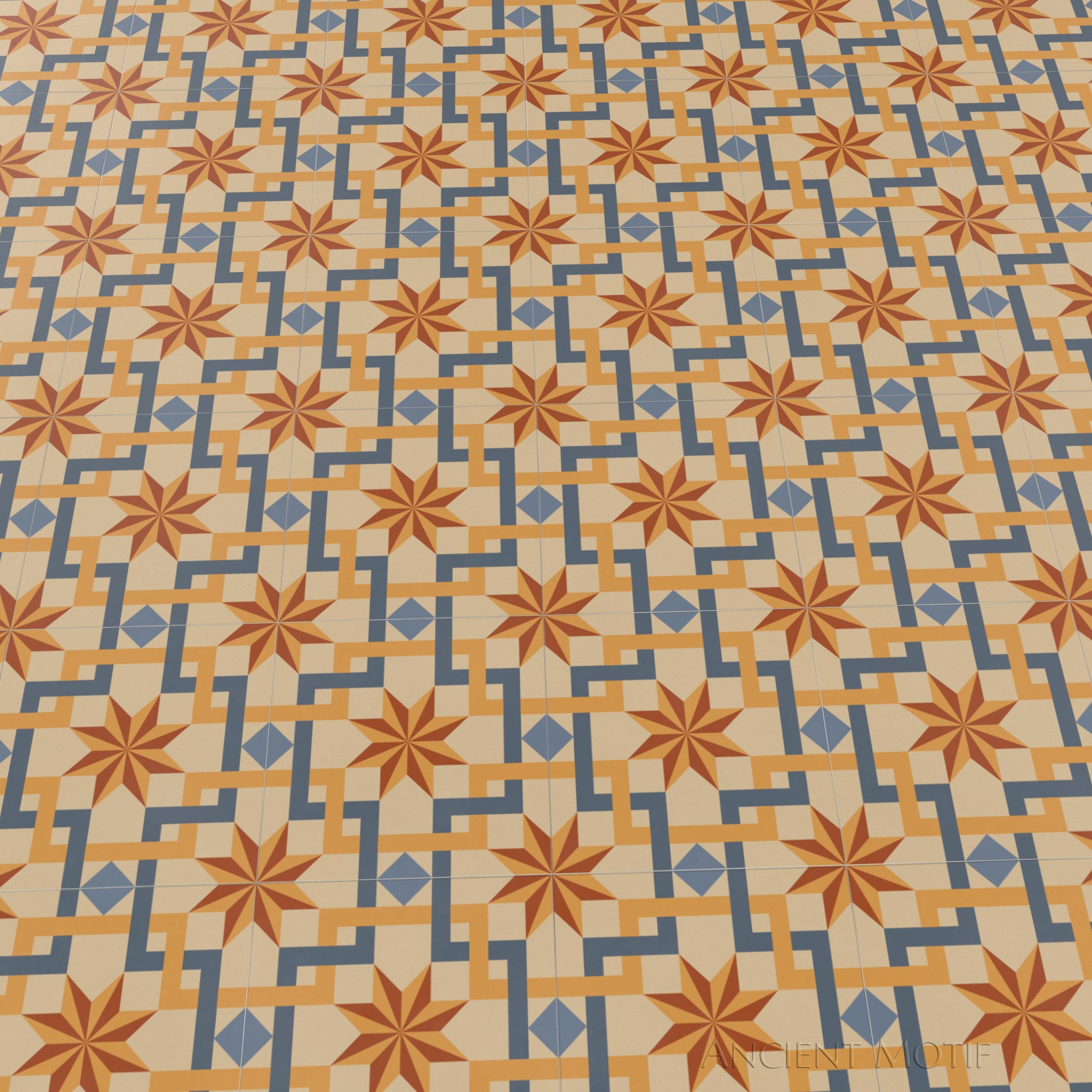 Andalusia Encaustic Cement Tile Floor in Cornflower, Ginger and Apricot