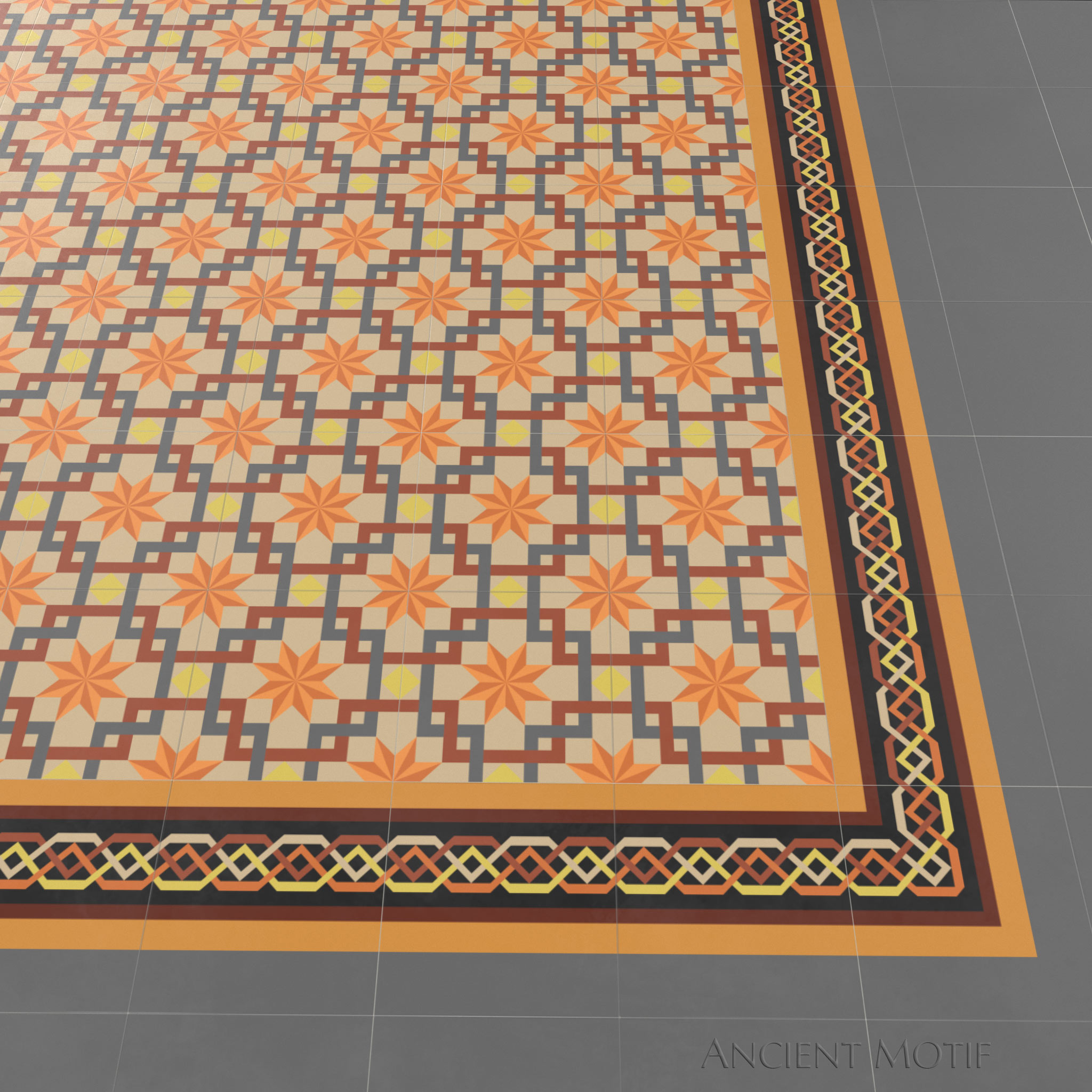 Andalusia Encaustic Cement Tile Floor in Tangerine, Slate and Chocolate