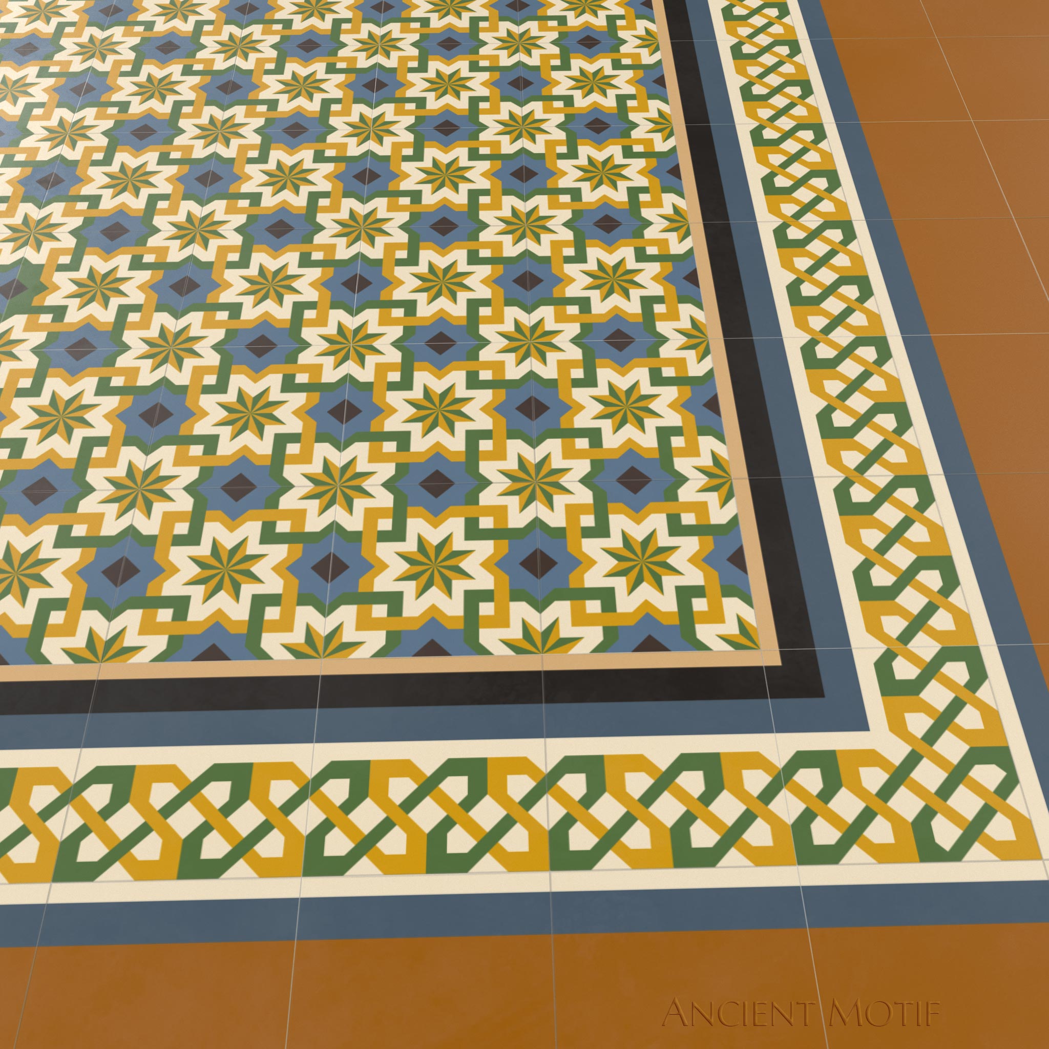 Seville Encaustic Cement Tile Floor in Cornflower, Pear and Honey