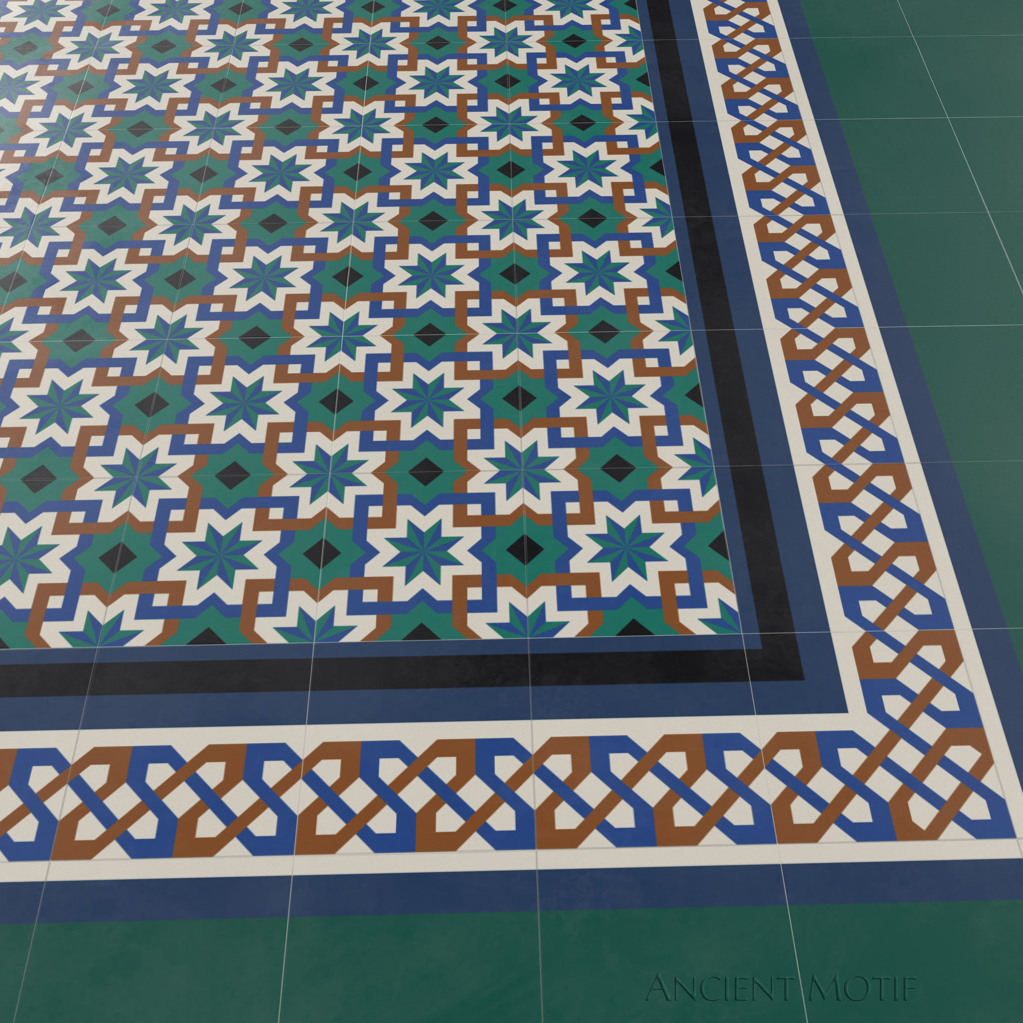 Seville Encaustic Cement Tile Floor in Lapis, Sea and Caramel