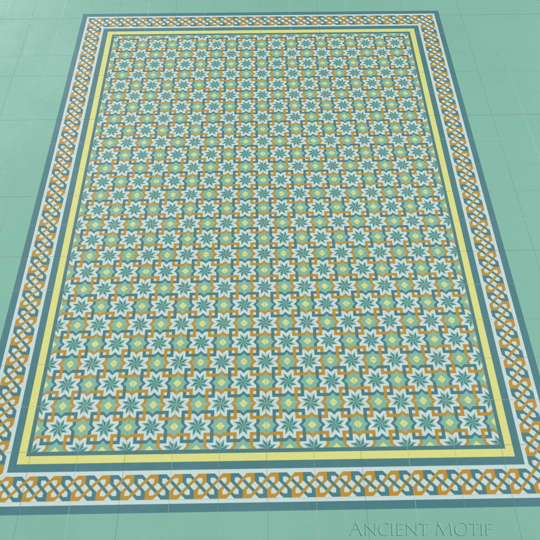 Seville Encaustic Cement Tile Floor in Lemon, Teal and Mint