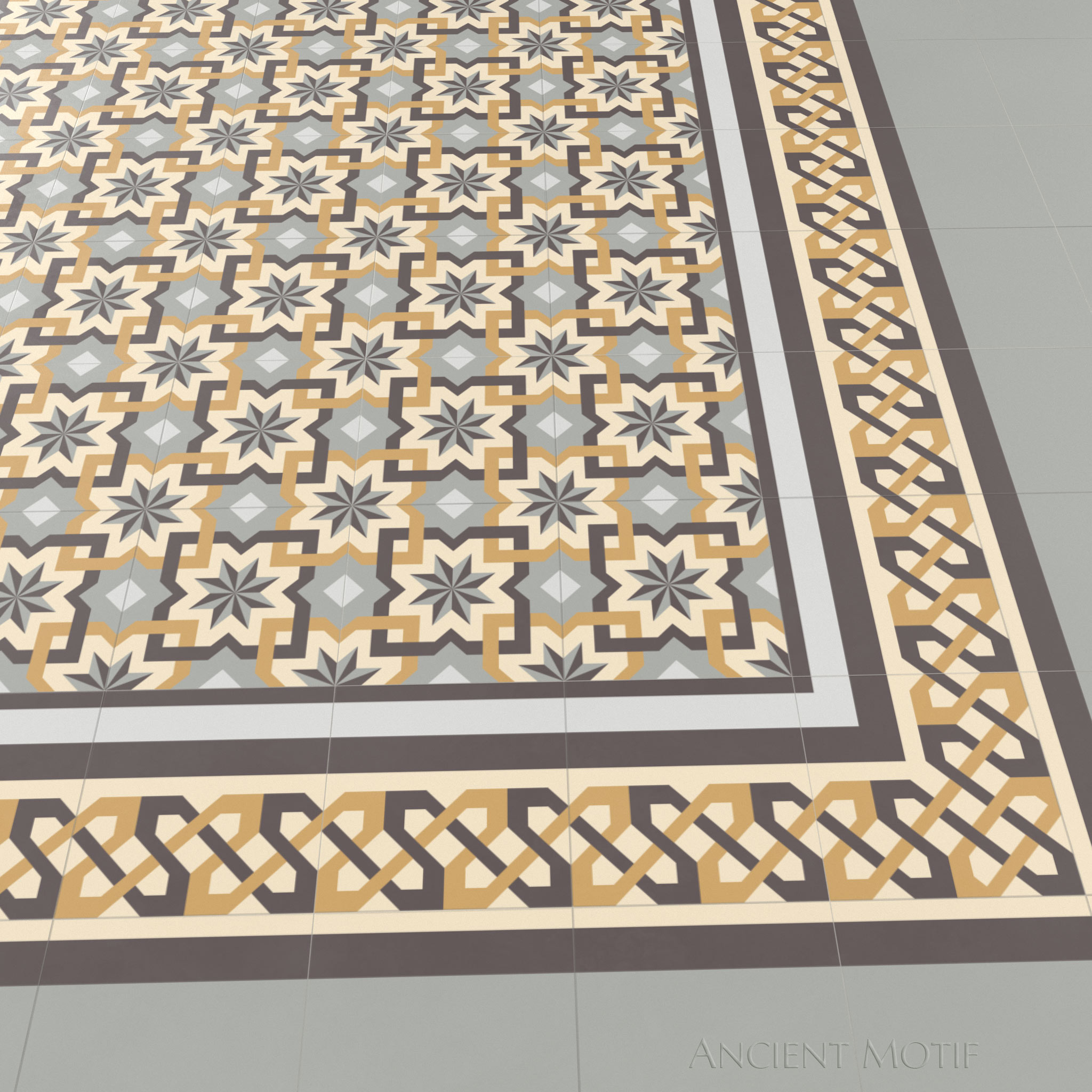 Seville Encaustic Cement Tile Floor in Slate, Latte and Cocoa
