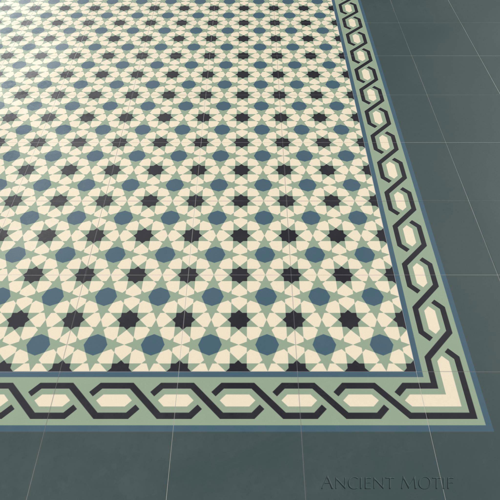 Alcazar Zellige Tile Floor in Onyx, Sage and Spruce