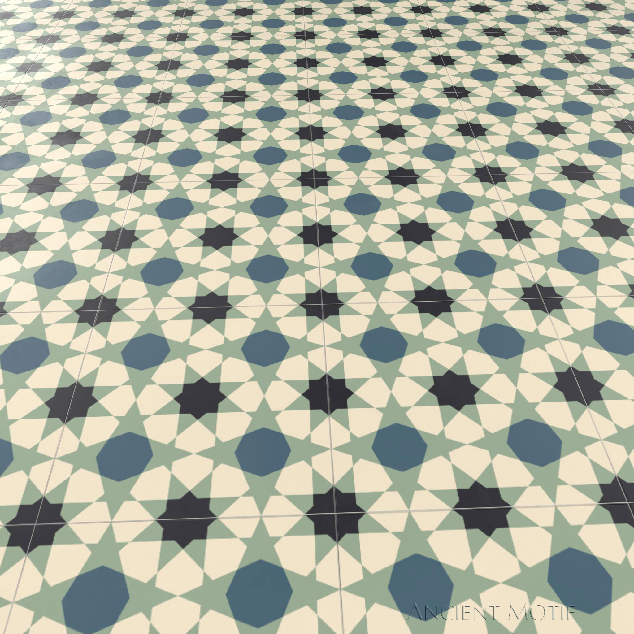 Alcazar Zellige Tile Floor in Onyx, Sage and Spruce
