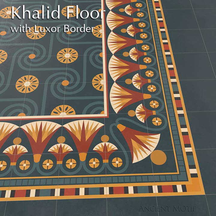 Khalid Cement Tile Floor in Crimson, Deep Sea and Gold
