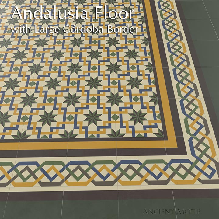 Andalusia Cement Tile Floor in Moss, Goldenrod and Chocolate